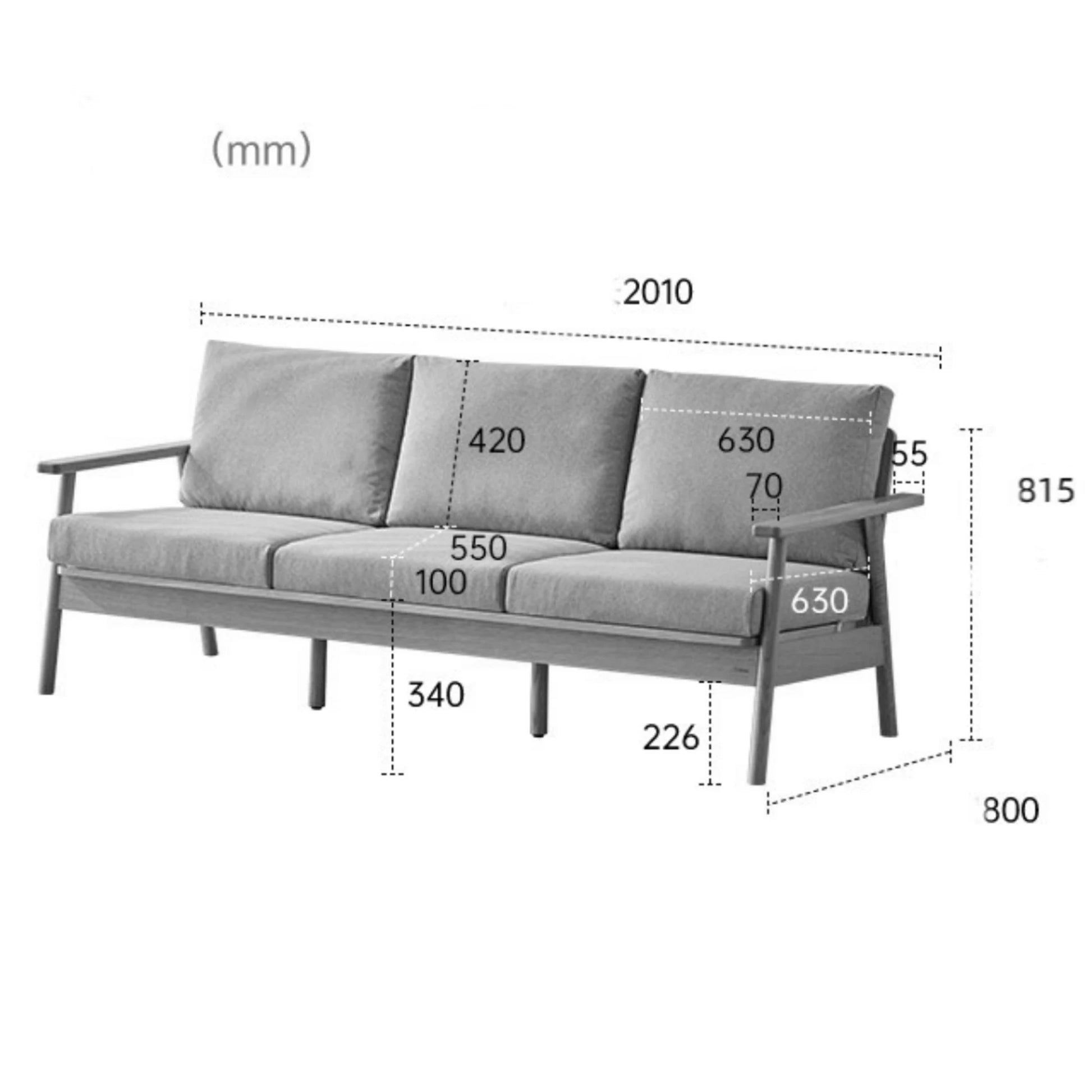 Solidwood Seattle 3-Seater Sofa,201x80CM, Grey & Dark Wood