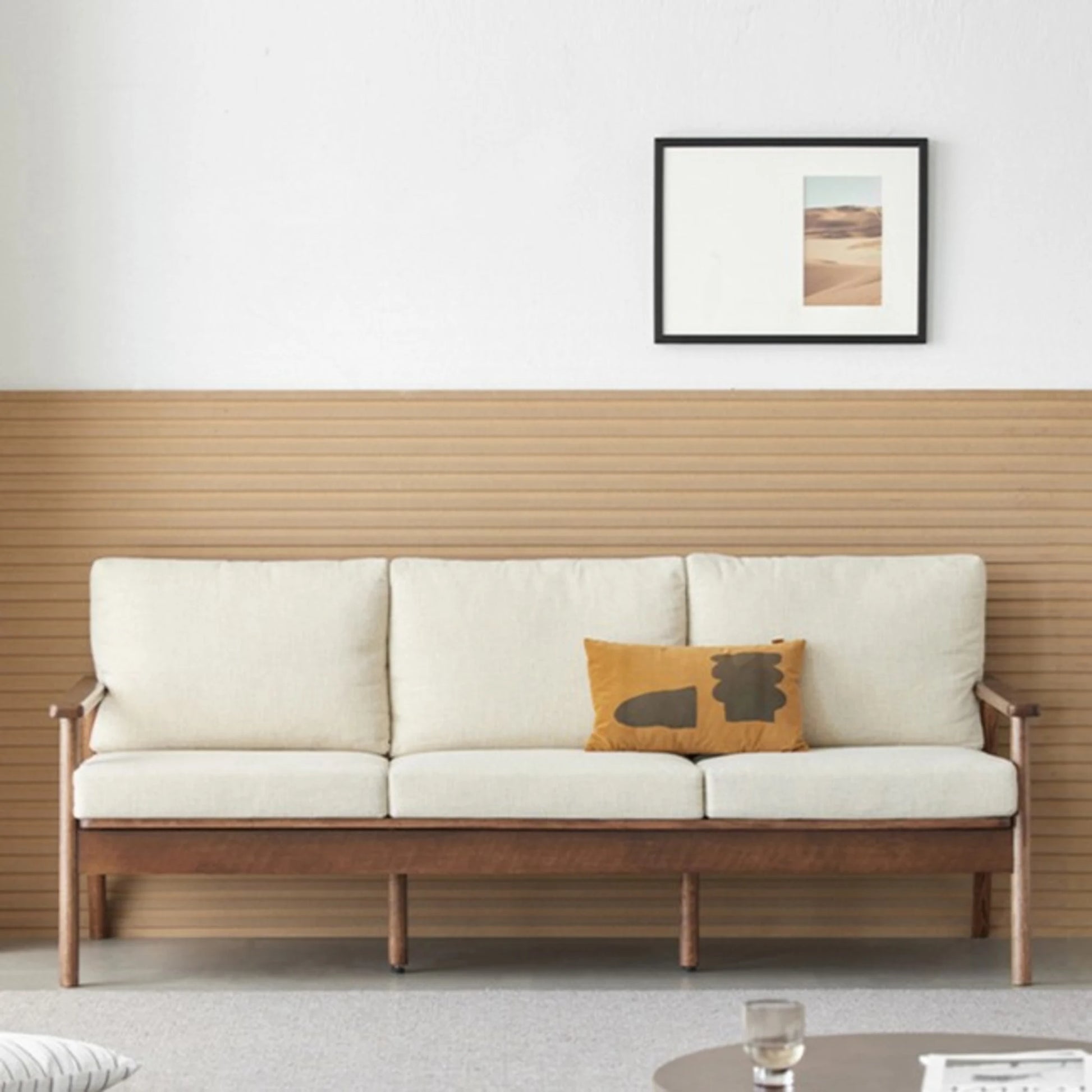 Solidwood Seattle 3-Seater Sofa,201x80CM, Beige & Dark Wood