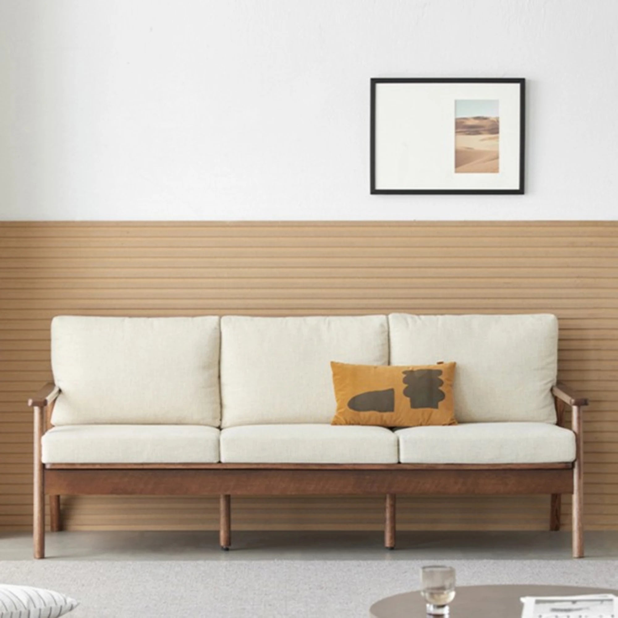 Solidwood Seattle 3-Seater Sofa,201x80CM, Beige & Dark Wood