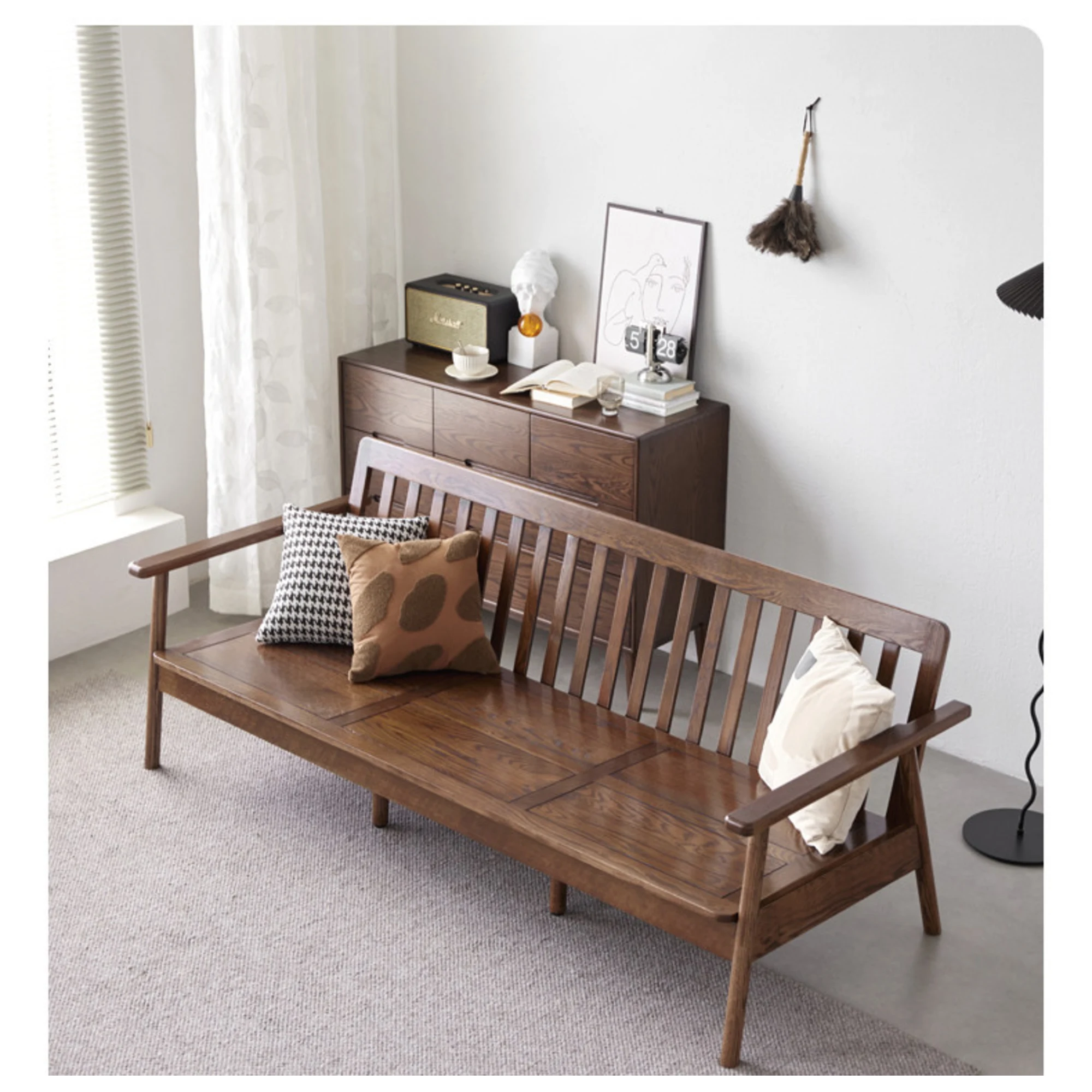 Solidwood Seattle 3-Seater Sofa,201x80CM, Beige & Dark Wood