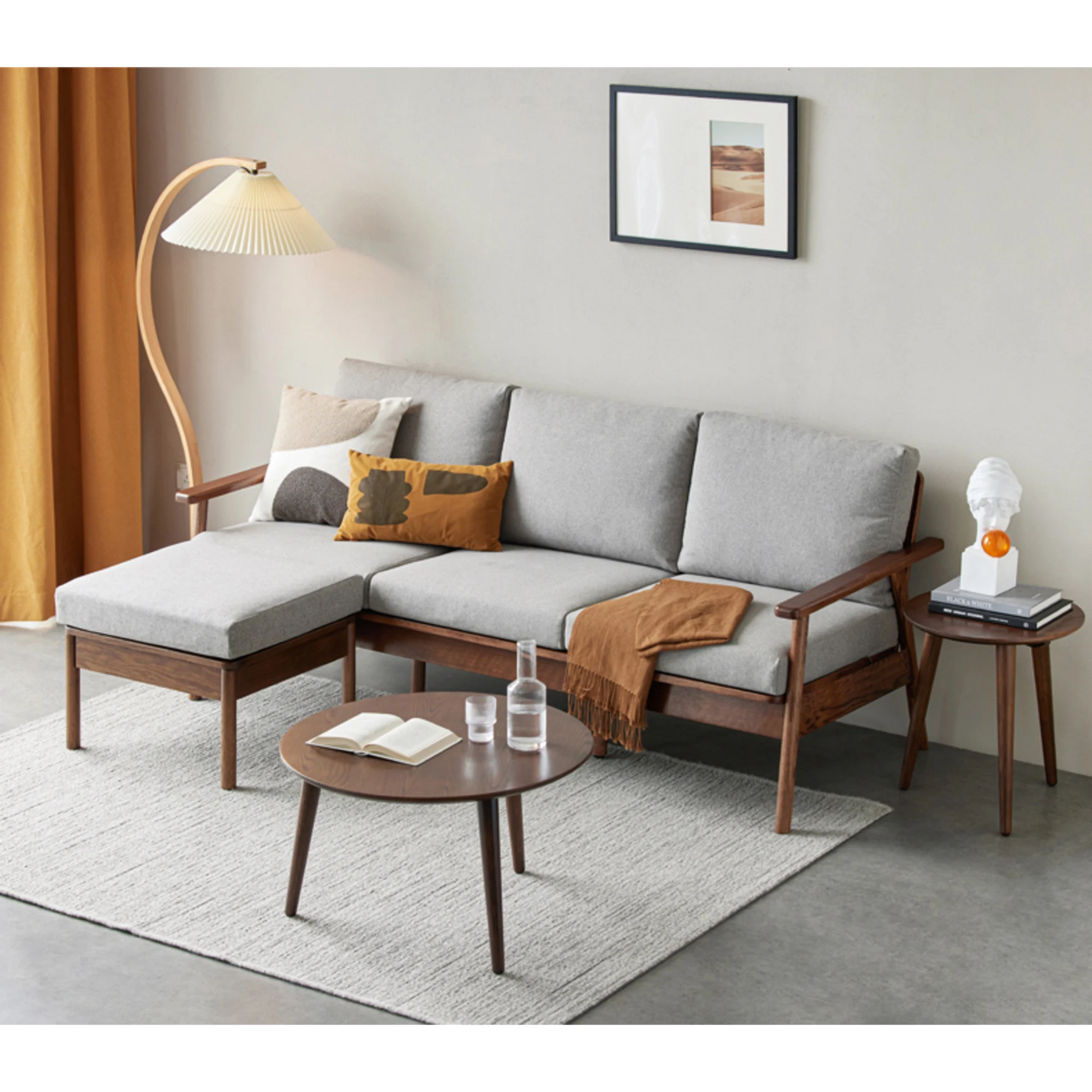 Solidwood Seattle 3-Seater Sofa,201x80CM, Beige & Dark Wood