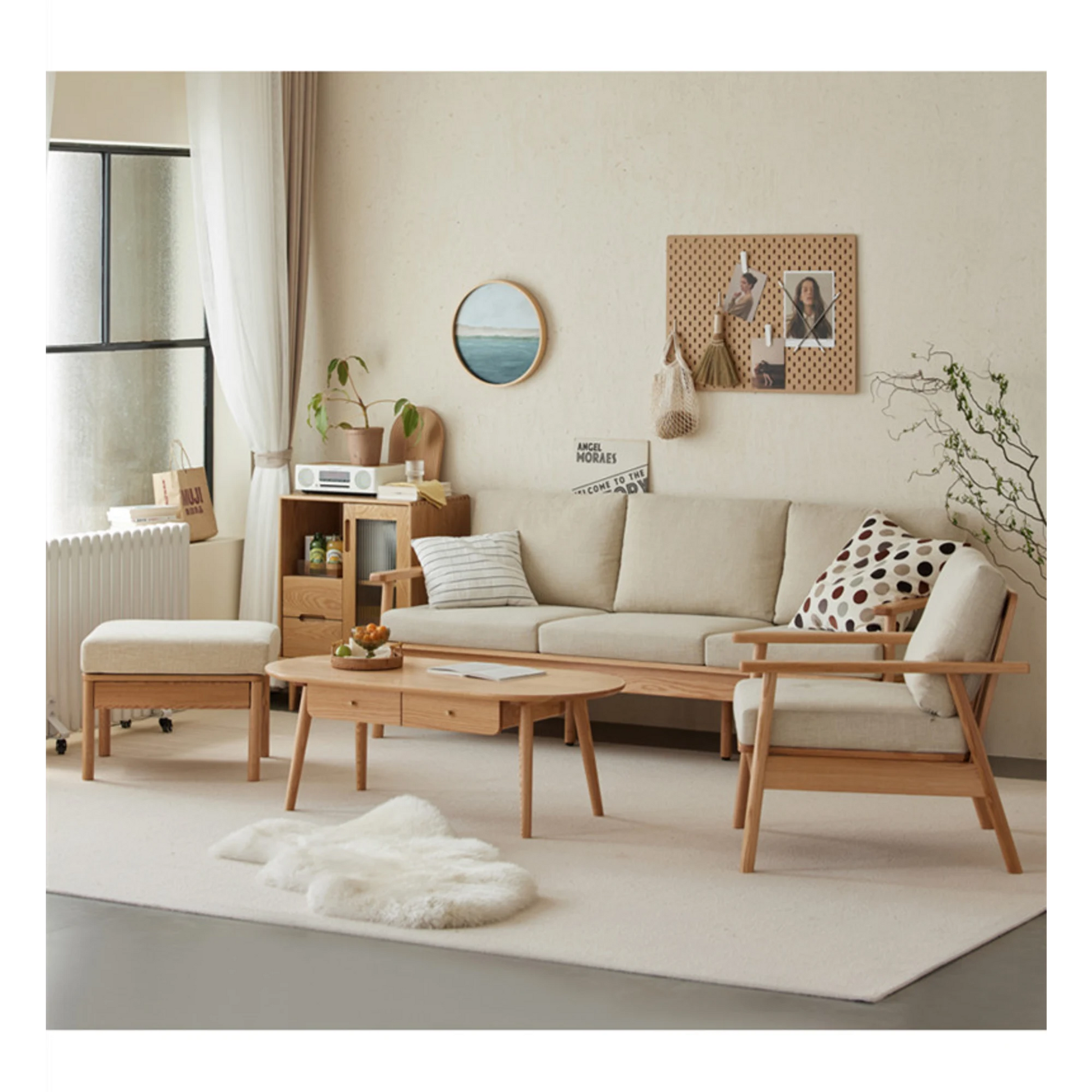 Solidwood Seattle 2-Seater Sofa, 137x80CM, Beige & Natural Wood