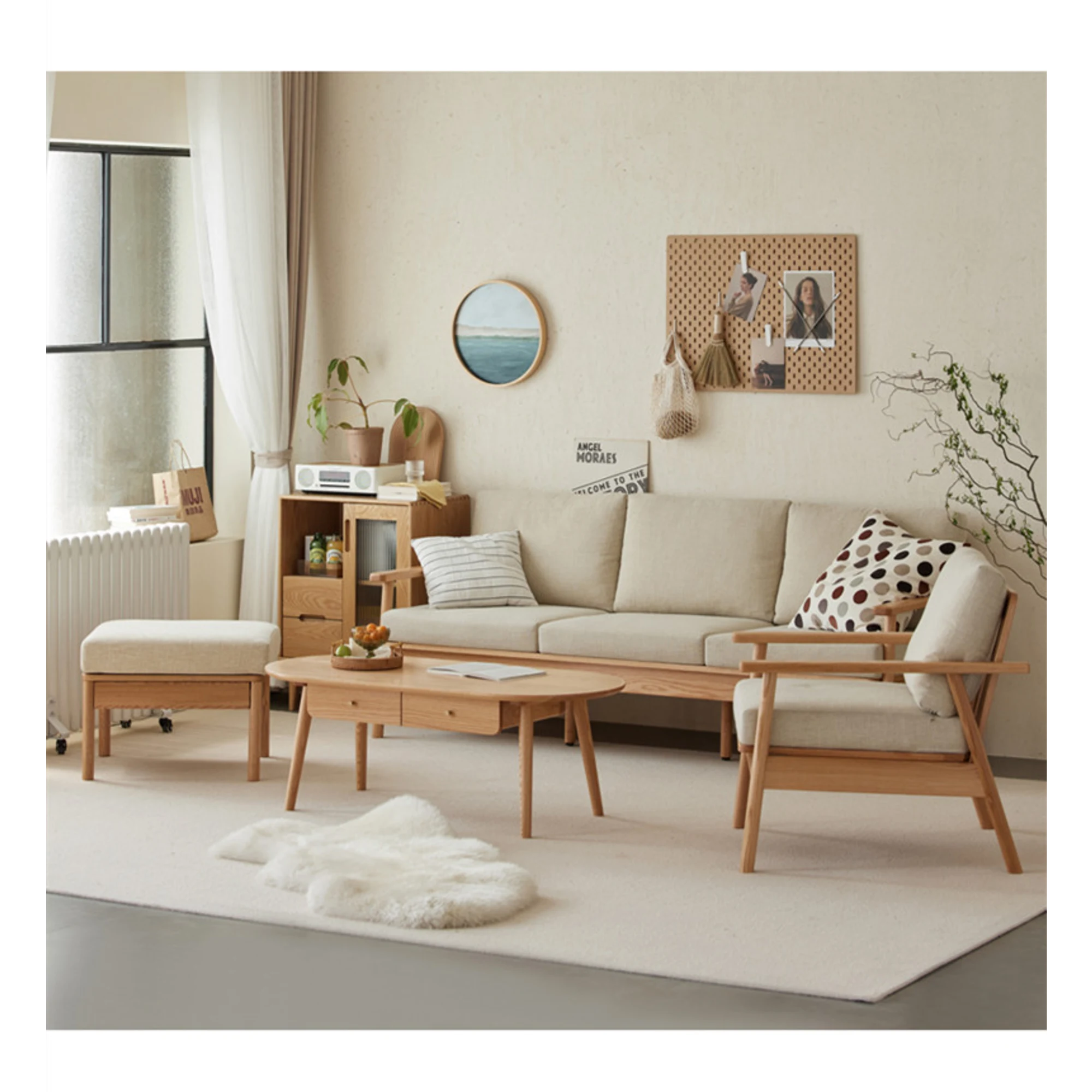 Solidwood Seattle 2-Seater Sofa, 137x80CM, Beige & Natural Wood