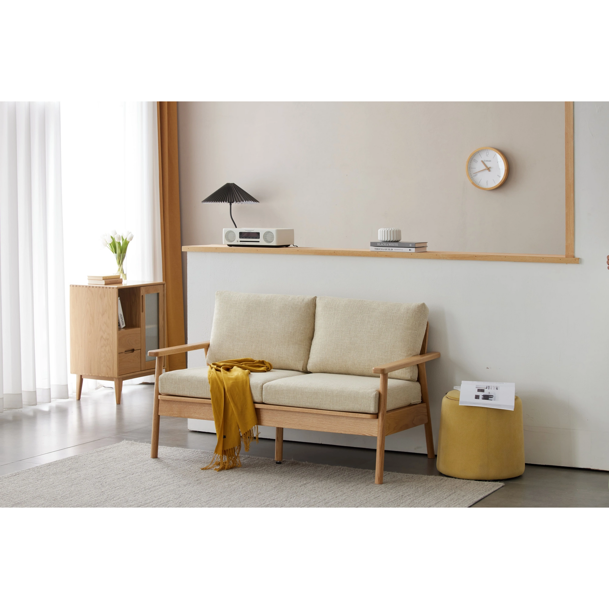 Solidwood Seattle 2-Seater Sofa, 137x80CM, Beige & Natural Wood