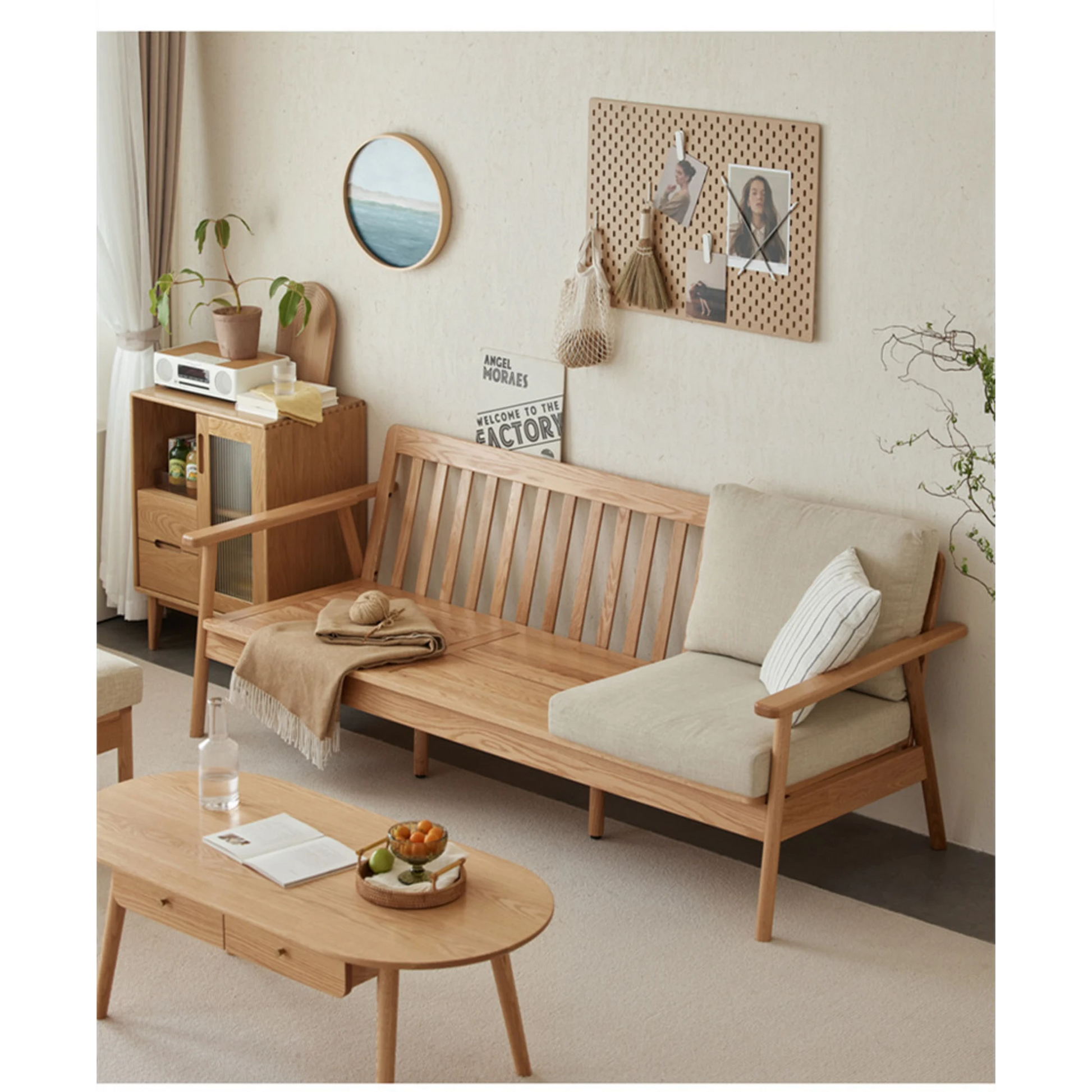 Solidwood Seattle 2-Seater Sofa, 137x80CM, Beige & Natural Wood