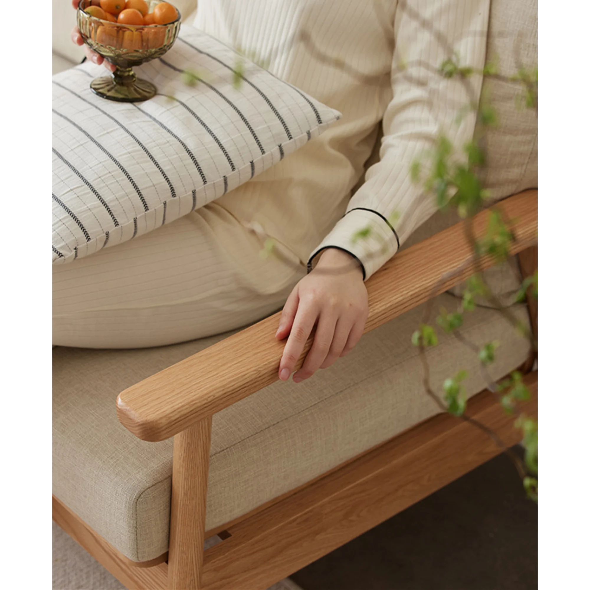 Solidwood Seattle 2-Seater Sofa, 137x80CM, Beige & Natural Wood