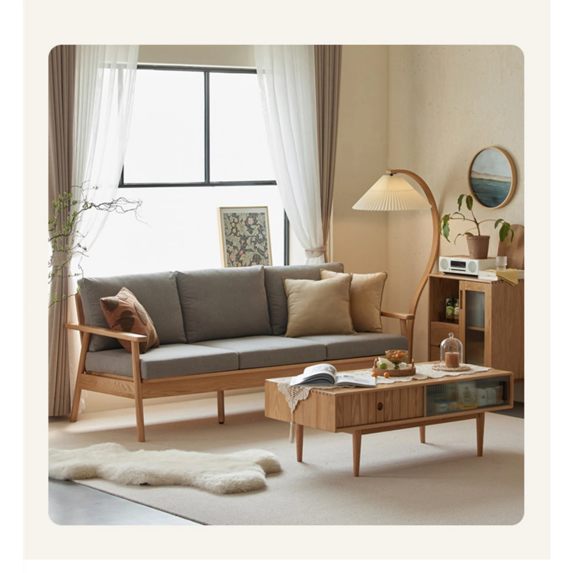 Solidwood Seattle 2-Seater Sofa, 137x80CM, Grey & Natural Wood