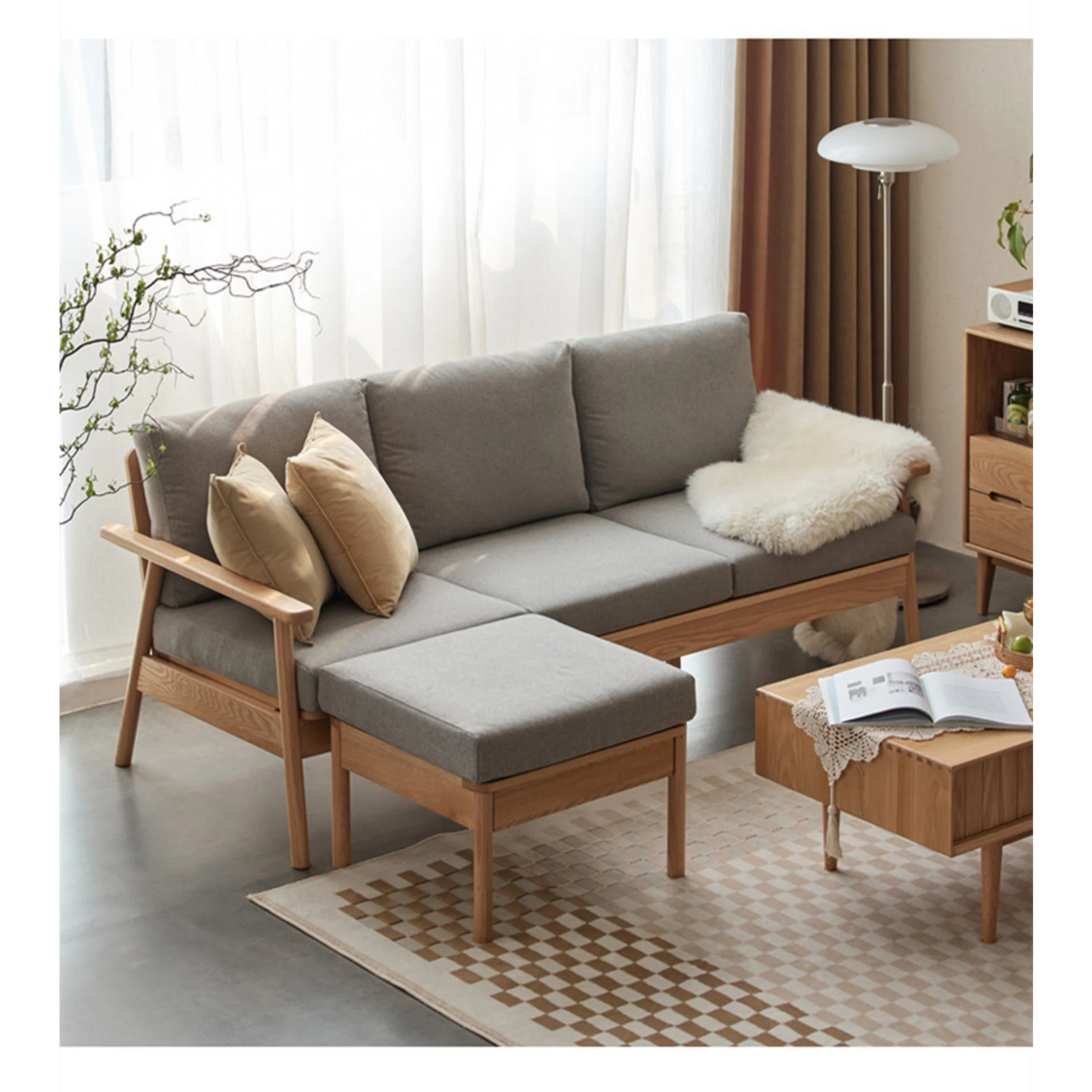 Solidwood Seattle 2-Seater Sofa, 137x80CM, Grey & Natural Wood