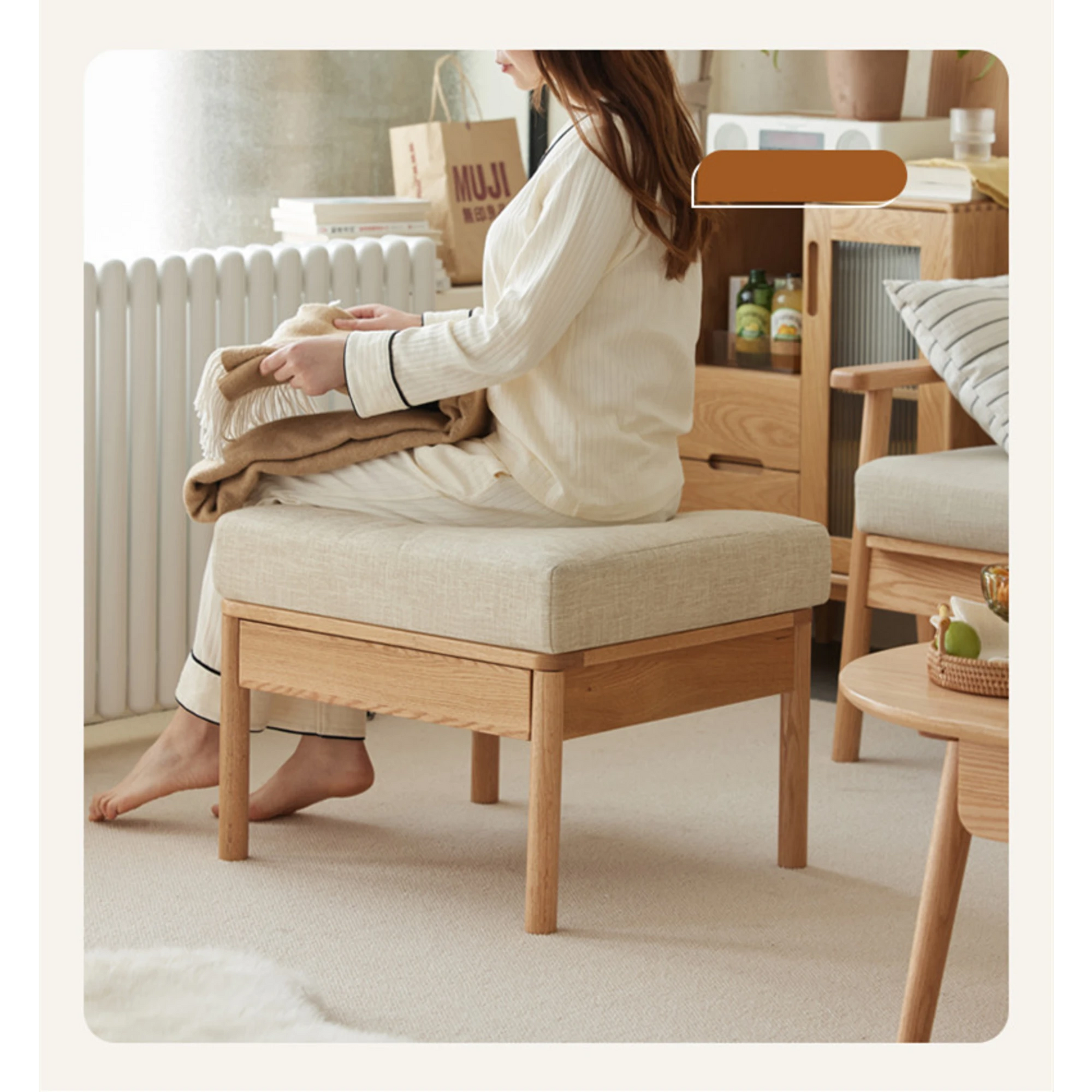 Solidwood Seattle Ottoman, 59x53CM, Beige & Natural Wood