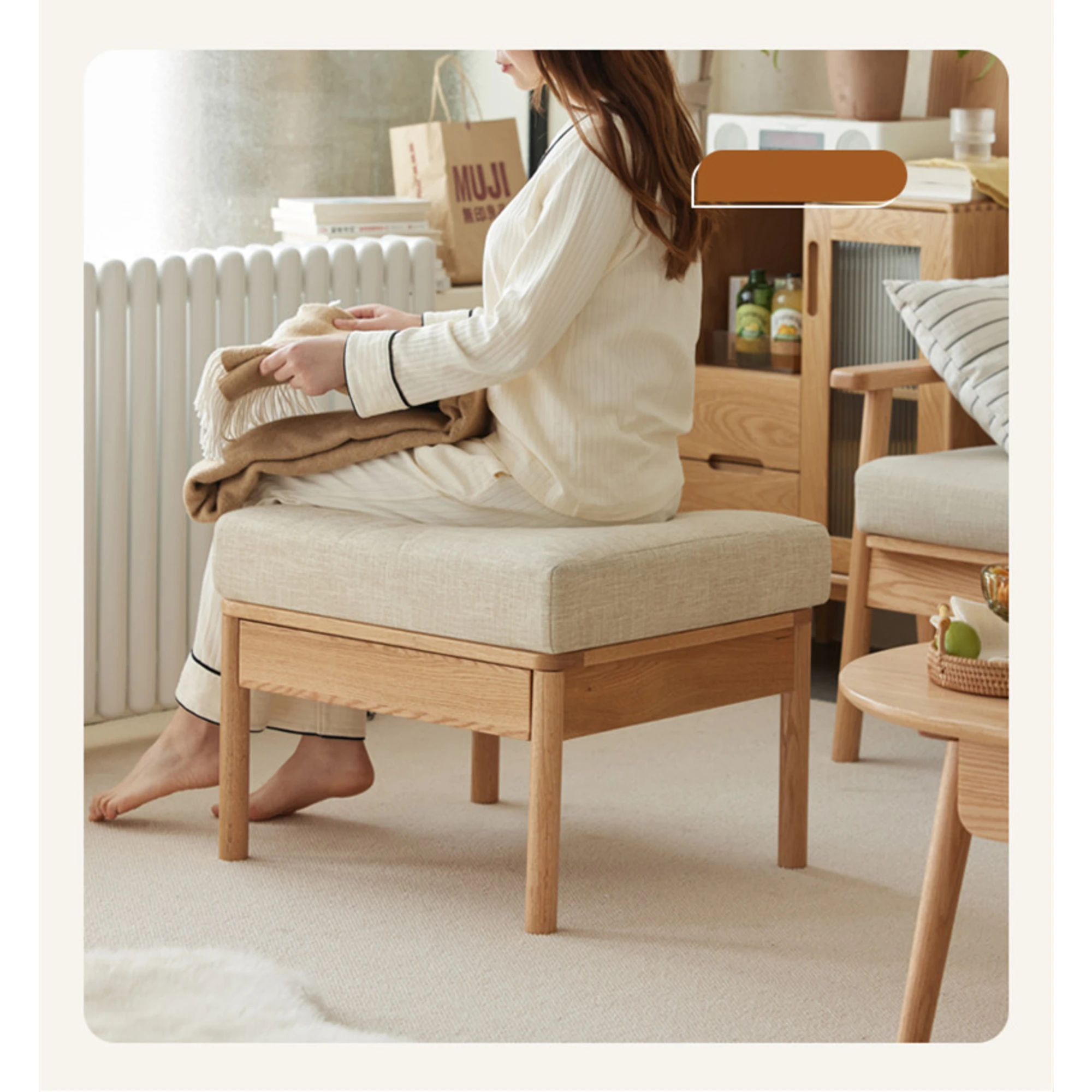 Solidwood Seattle Ottoman, 59x53CM, Beige & Natural Wood