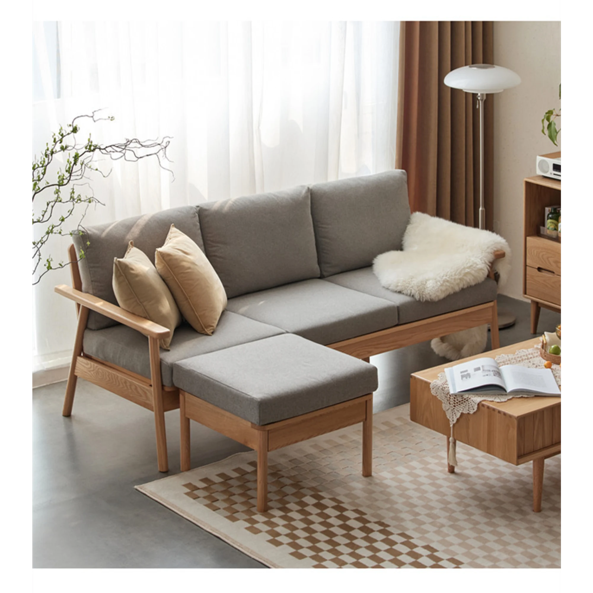 Solidwood Seattle Ottoman, 59x53CM, Grey & Natural Wood