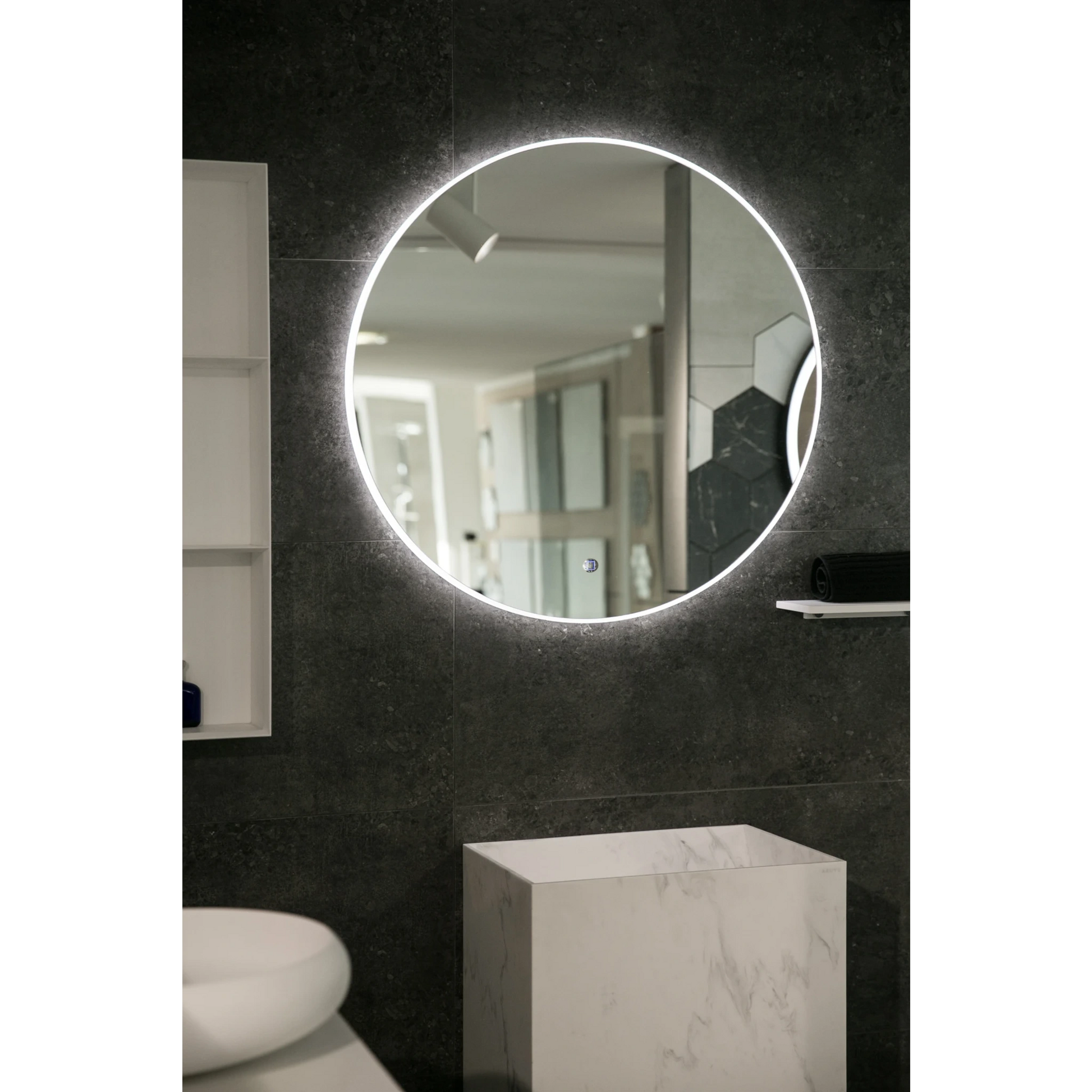 Aruvo Arled Round LED Acrylic Frame Bathroom Mirror with Demister 80cm