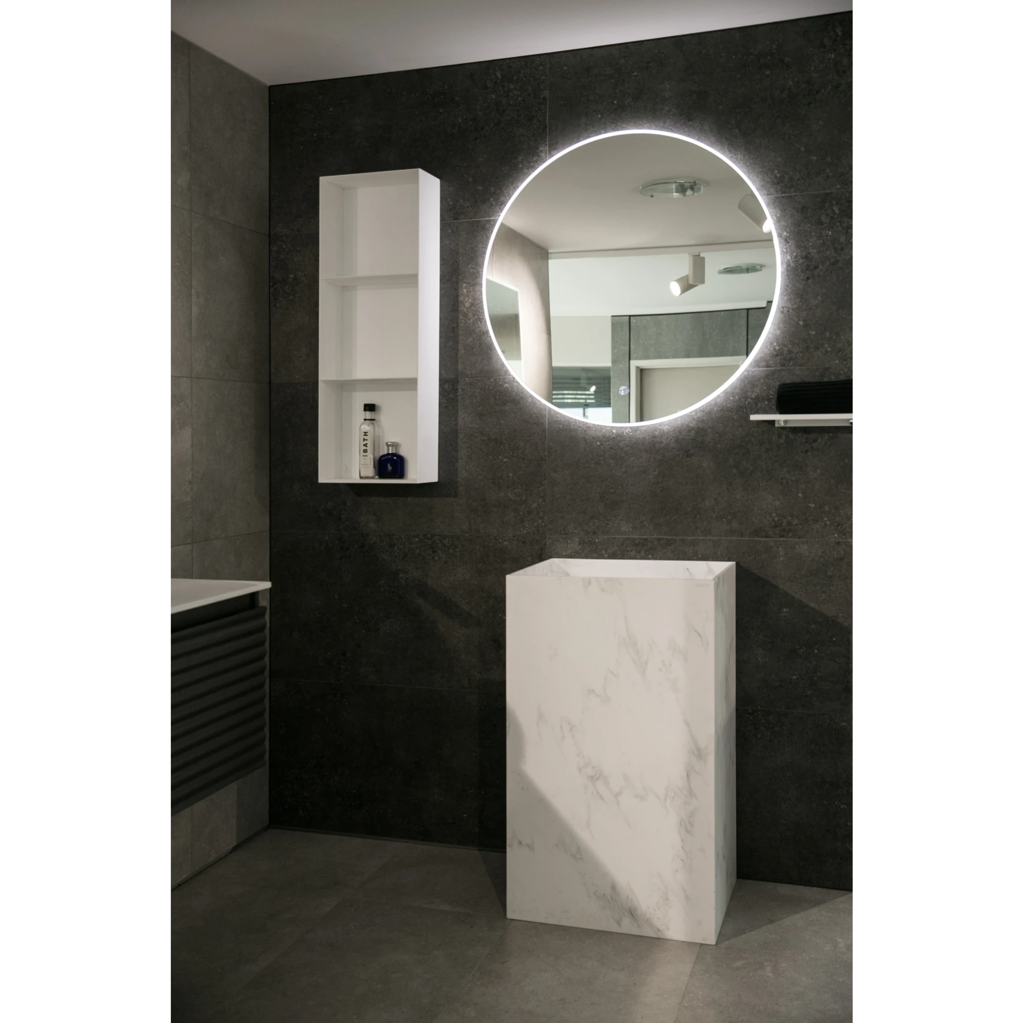 Aruvo Arled Round LED Acrylic Frame Bathroom Mirror with Demister 90cm