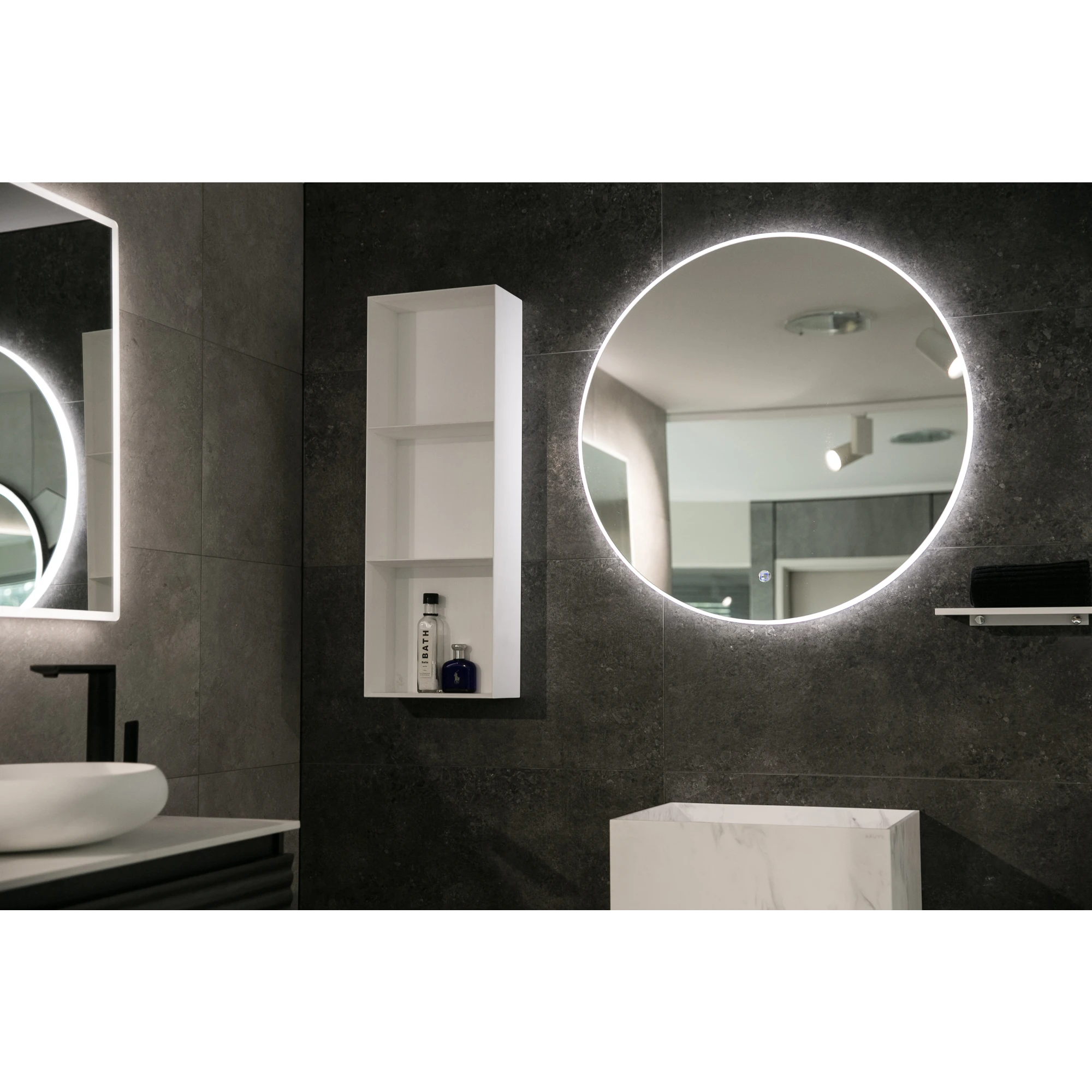 Aruvo Arled Round LED Acrylic Frame Bathroom Mirror with Demister 90cm