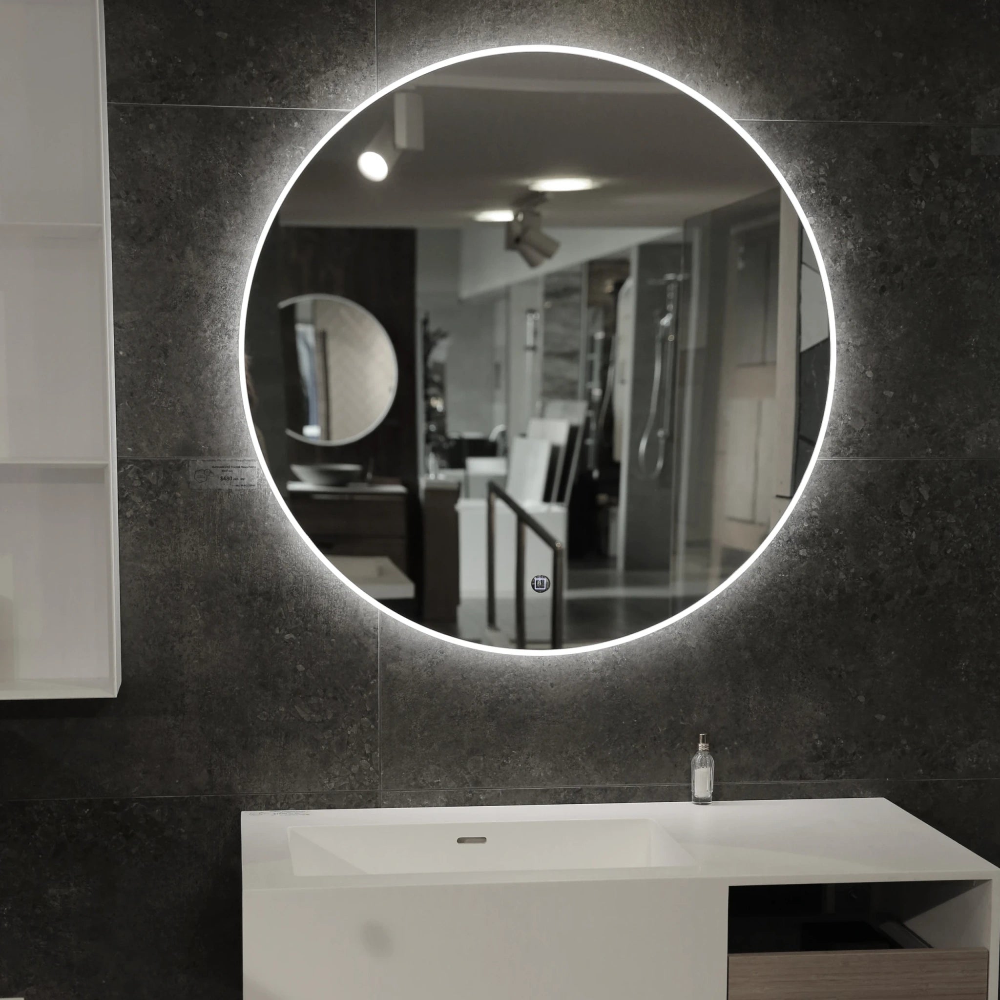 Aruvo Arled Round LED Acrylic Frame Bathroom Mirror with Demister 90cm