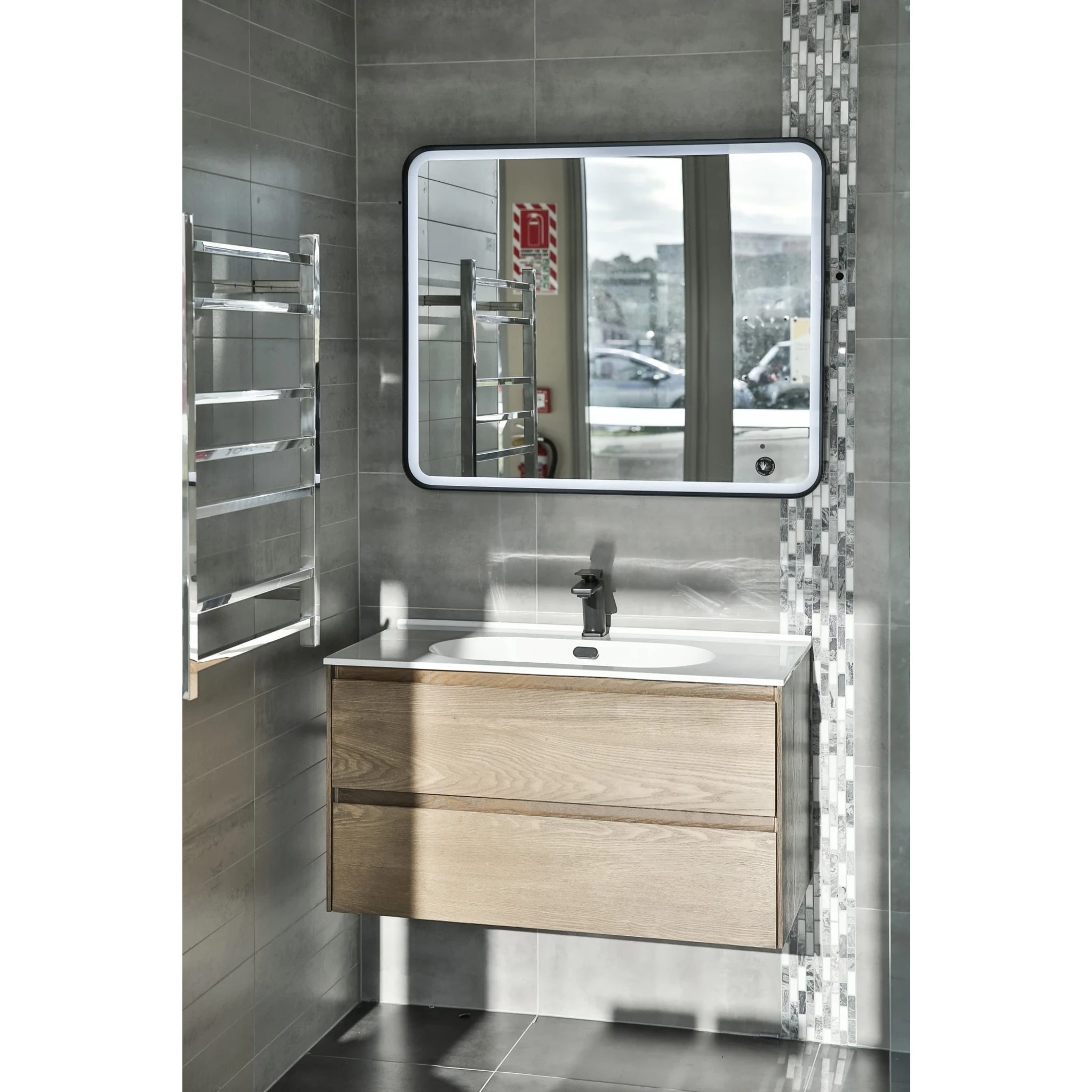 Aruvo Frled Rectangle Black Metal Frame LED Bathroom Mirror 90cm