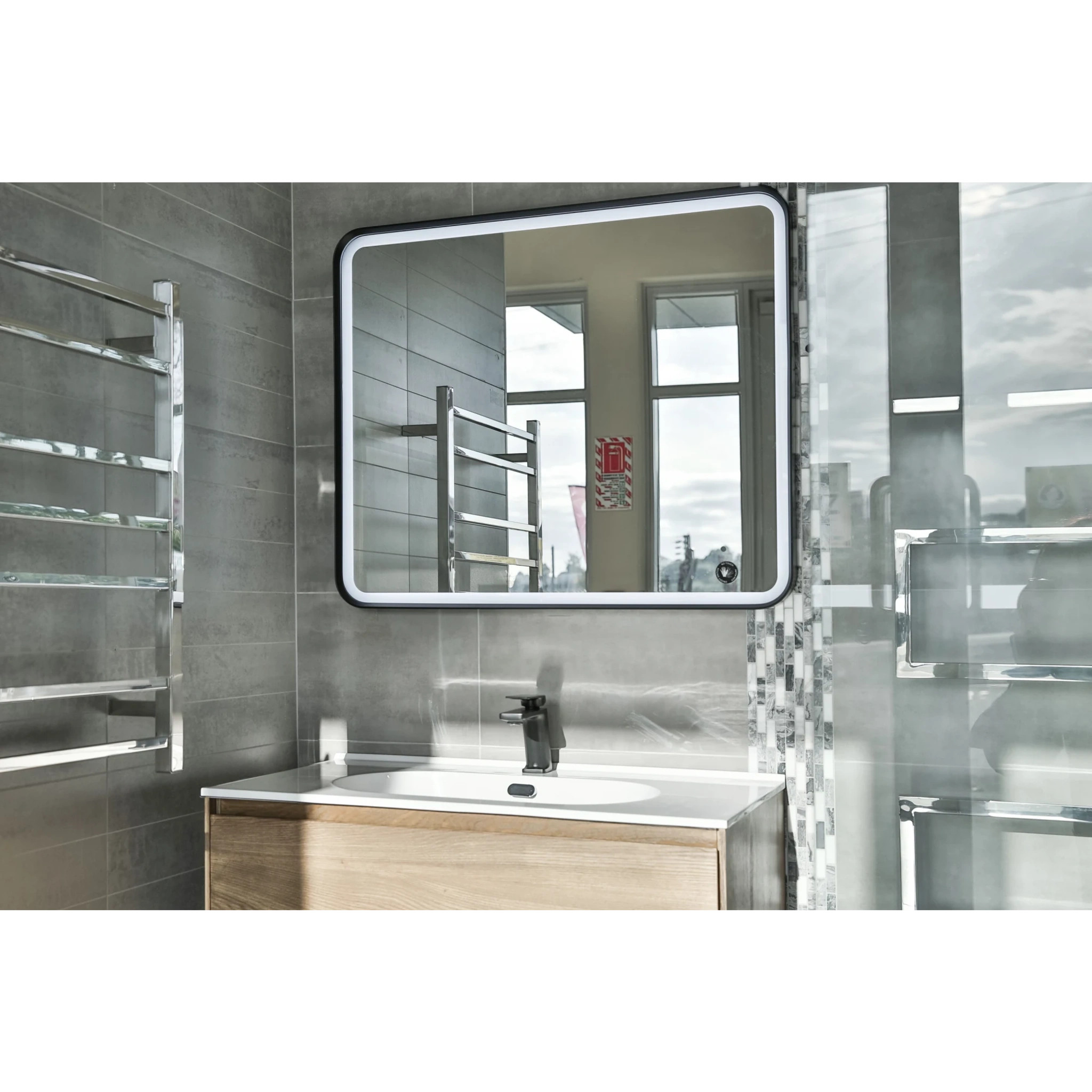 Aruvo Frled Rectangle Black Metal Frame LED Bathroom Mirror 90cm