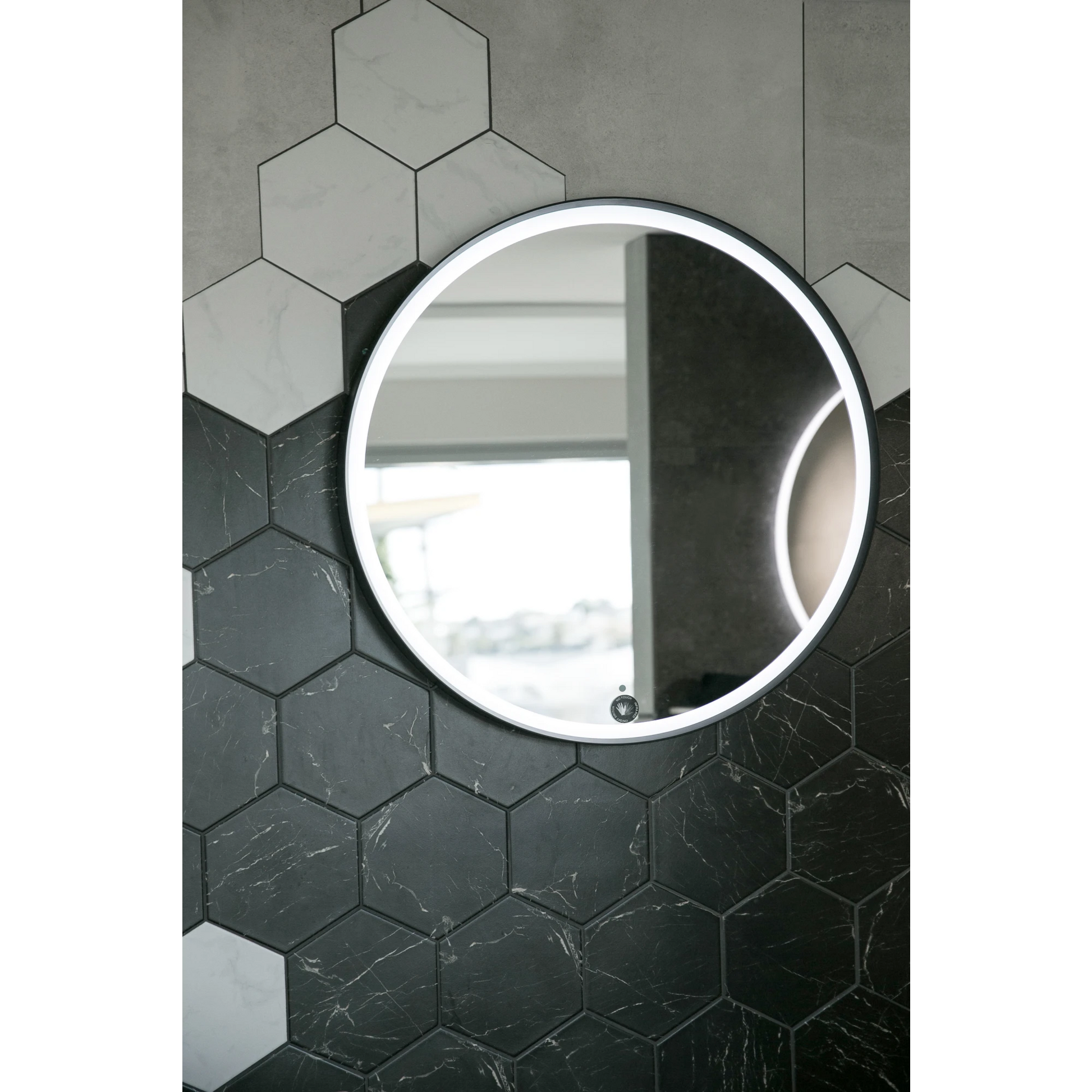 Aruvo Frled Round Black Metal Frame LED Bathroom Mirror 60cm