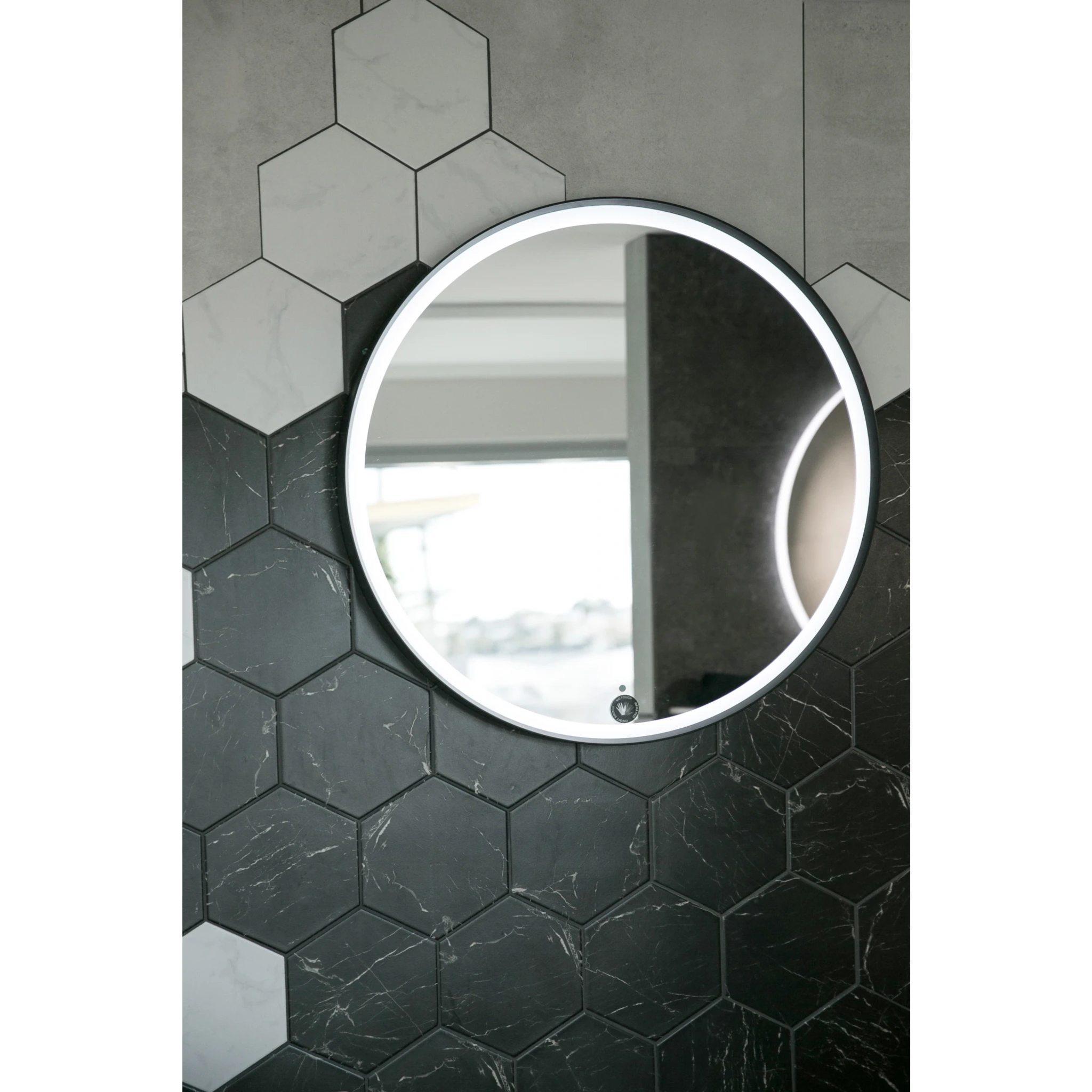 Aruvo Frled Round Black Metal Frame LED Bathroom Mirror 75cm