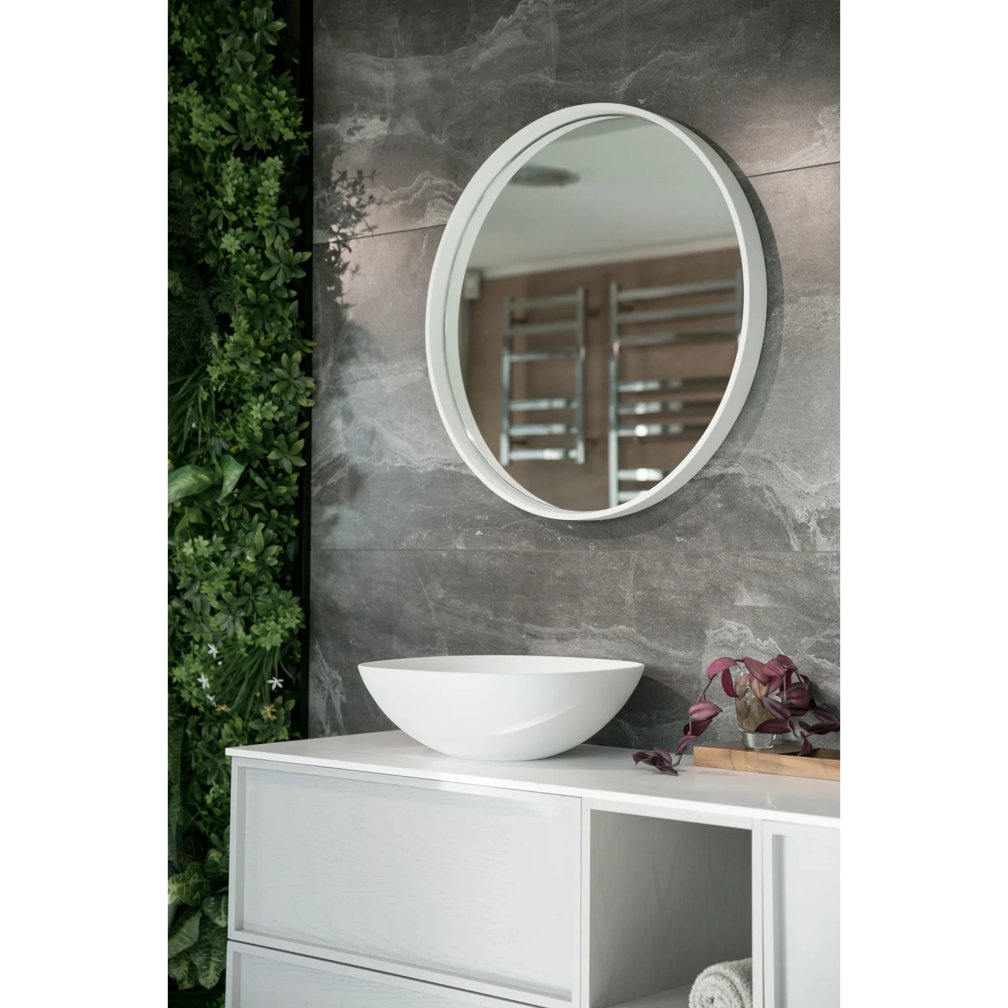 Aruvo Cstone Round Composite Stone Bathroom Mirror White 70cm