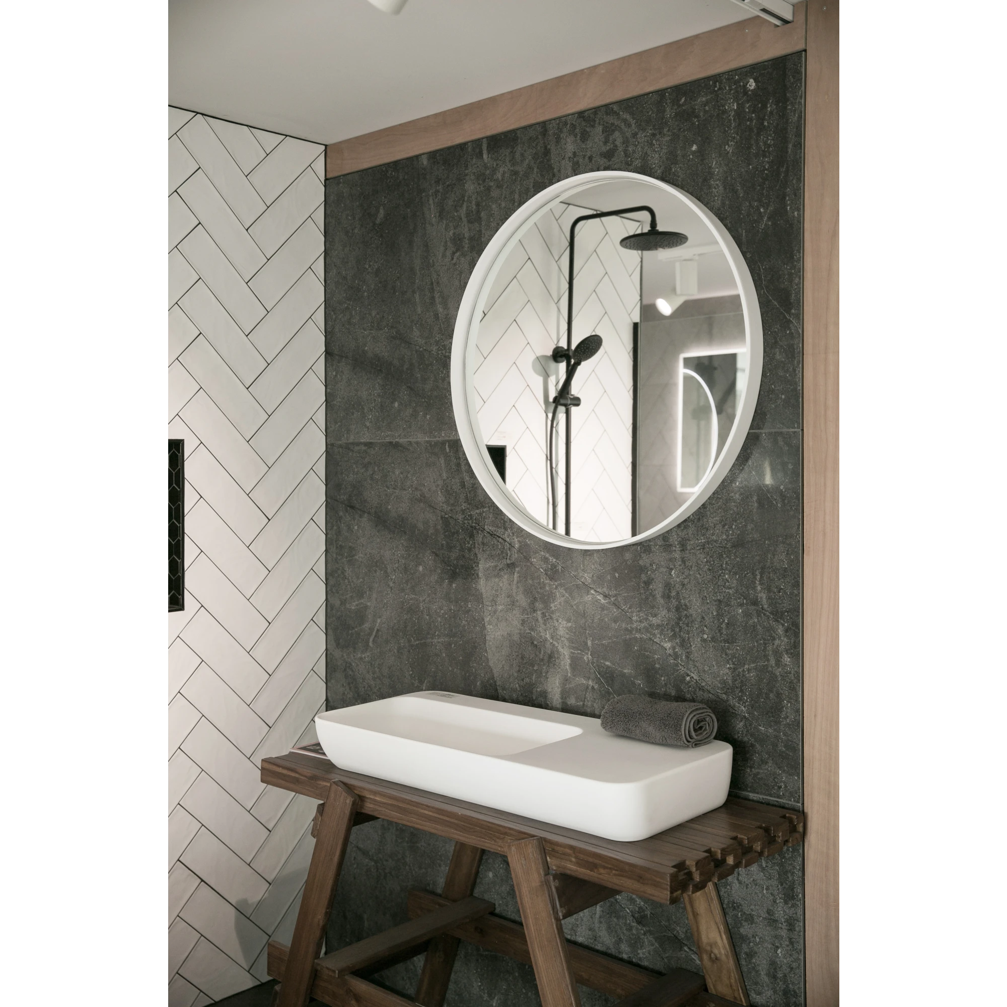 Aruvo Cstone Round Composite Stone Bathroom Mirror White 85cm