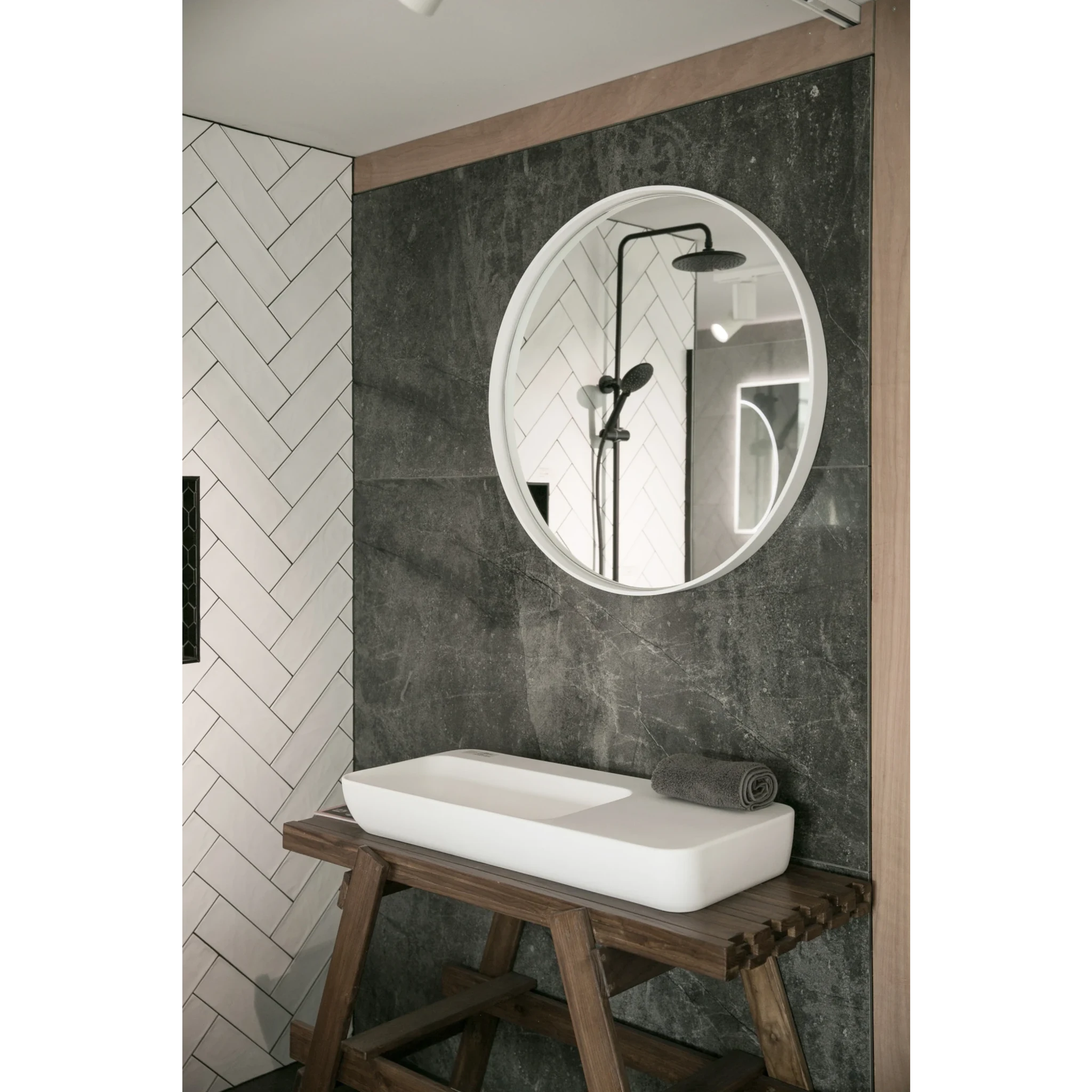Aruvo Cstone Round Composite Stone Bathroom Mirror White 85cm
