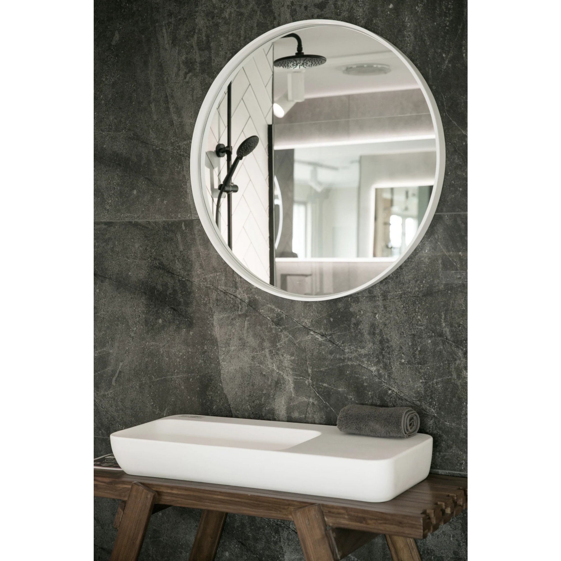 Aruvo Cstone Round Composite Stone Bathroom Mirror White 85cm