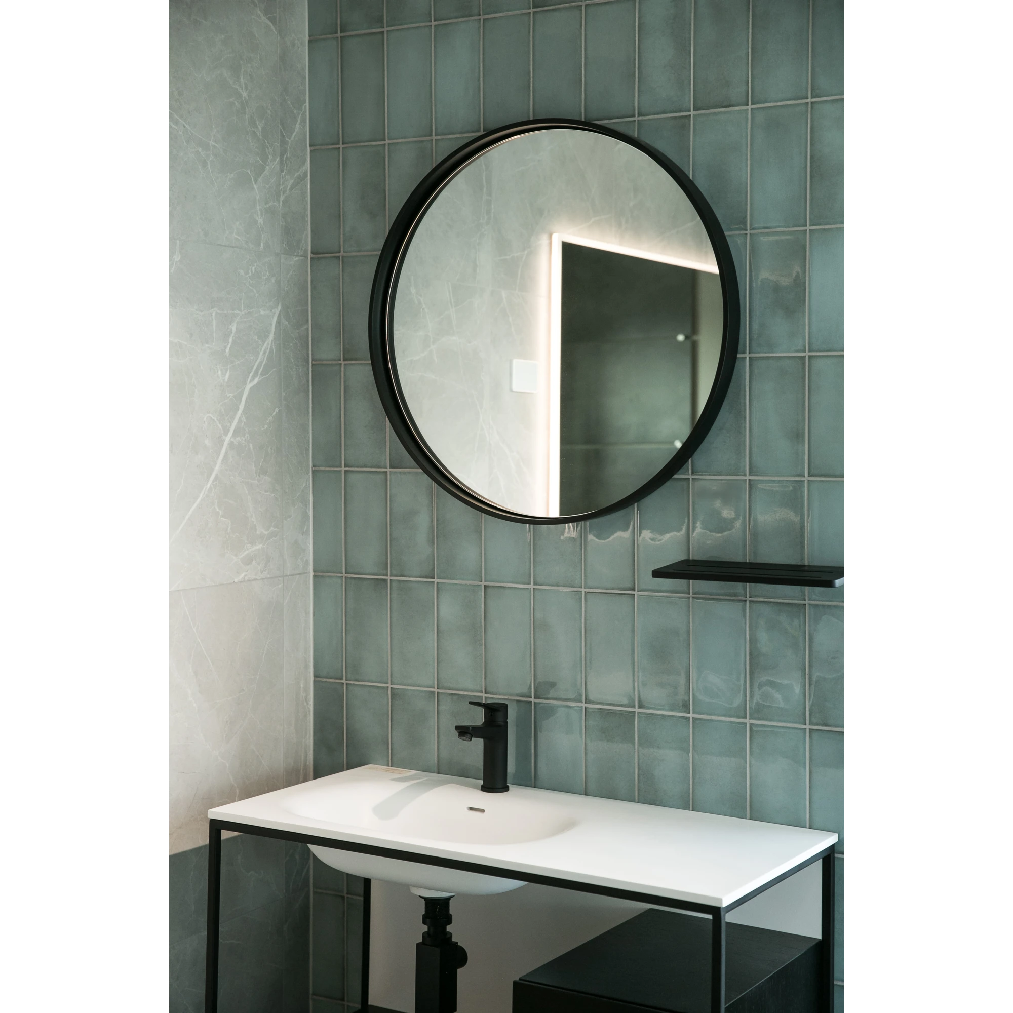 Aruvo Cstone Round Composite Stone Bathroom Mirror Black 70cm