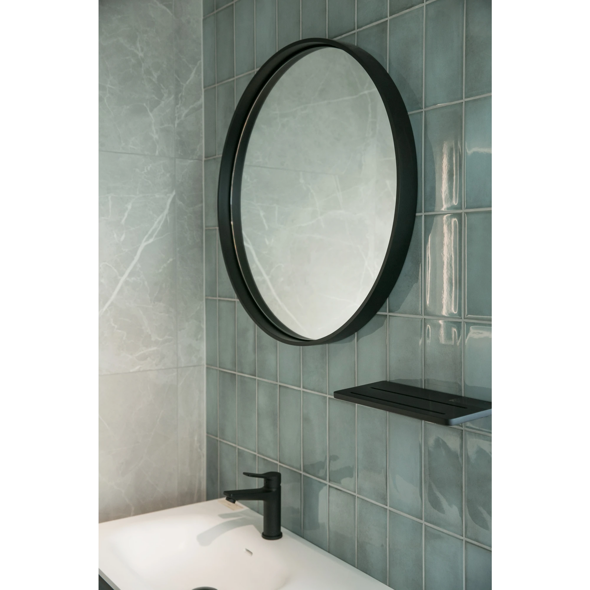 Aruvo Cstone Round Composite Stone Bathroom Mirror Black 70cm