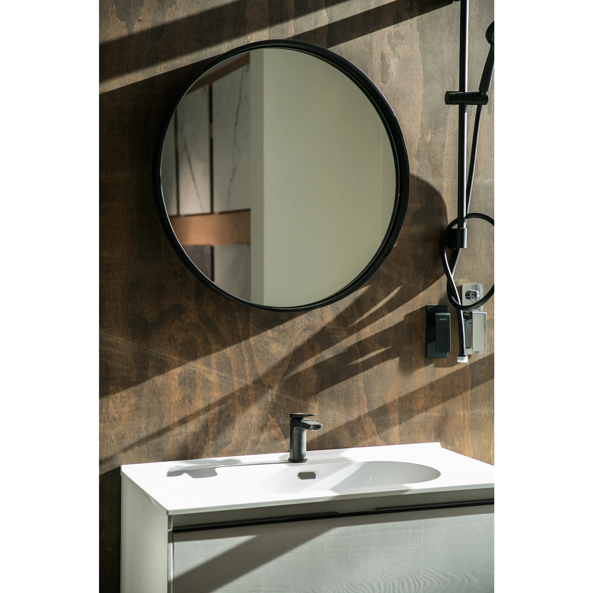 Aruvo Cstone Round Composite Stone Bathroom Mirror Black 85cm
