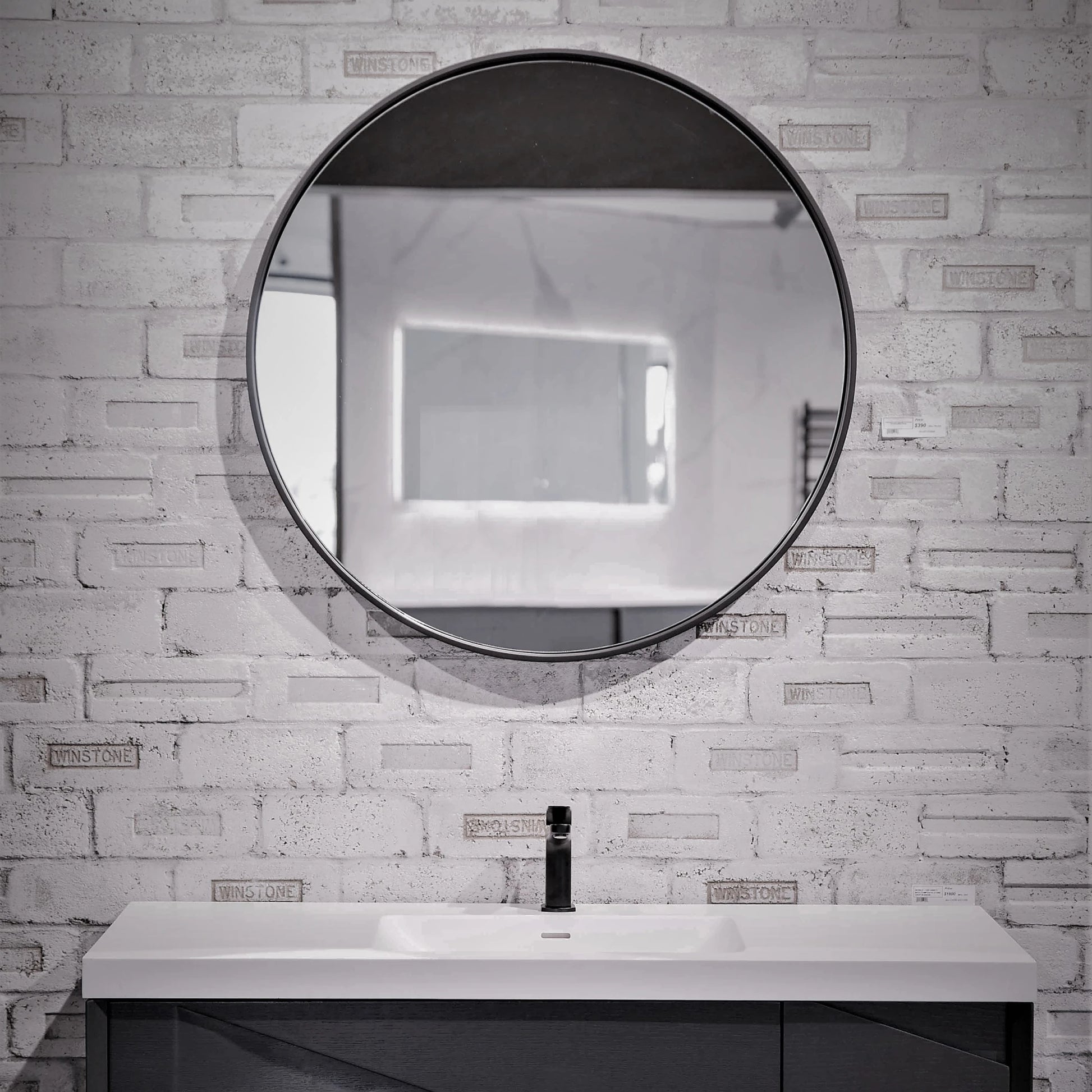 Aruvo Cstone Round Composite Stone Bathroom Mirror Black 85cm