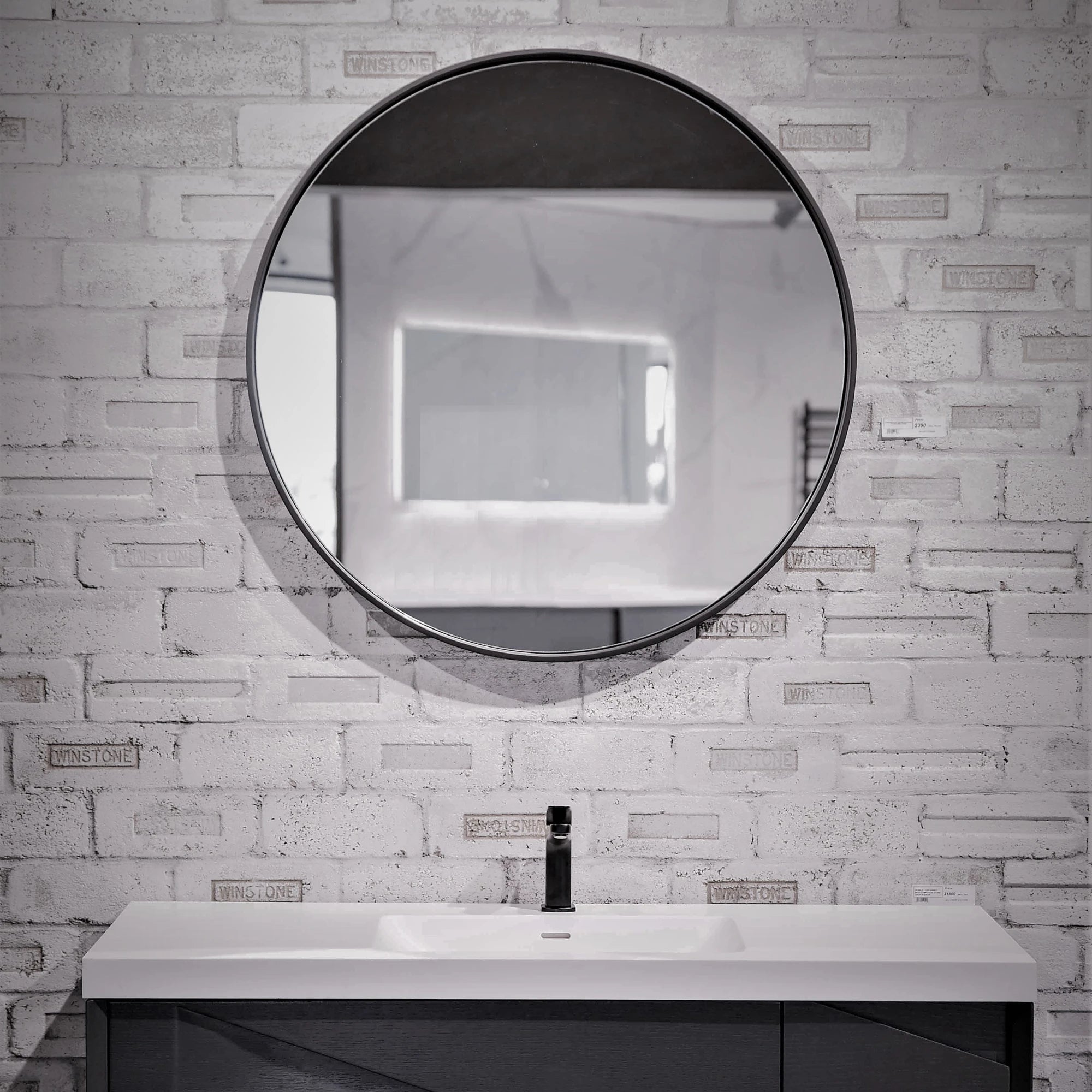 Aruvo Cstone Round Composite Stone Bathroom Mirror Black 85cm