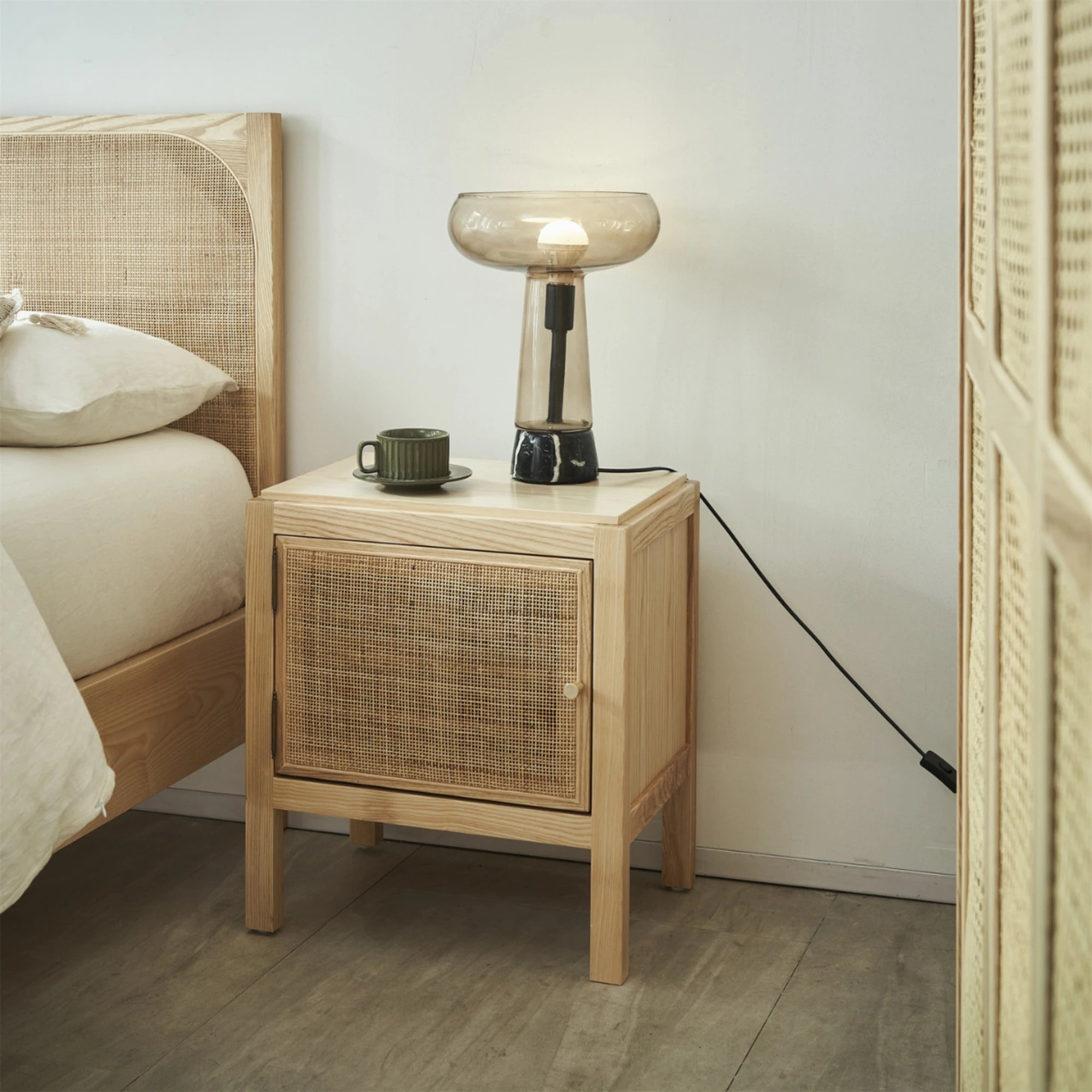 BohoBoho Costa Solid Wood & Rattan Bedside Table, Natural Wood, 50x45x57cm