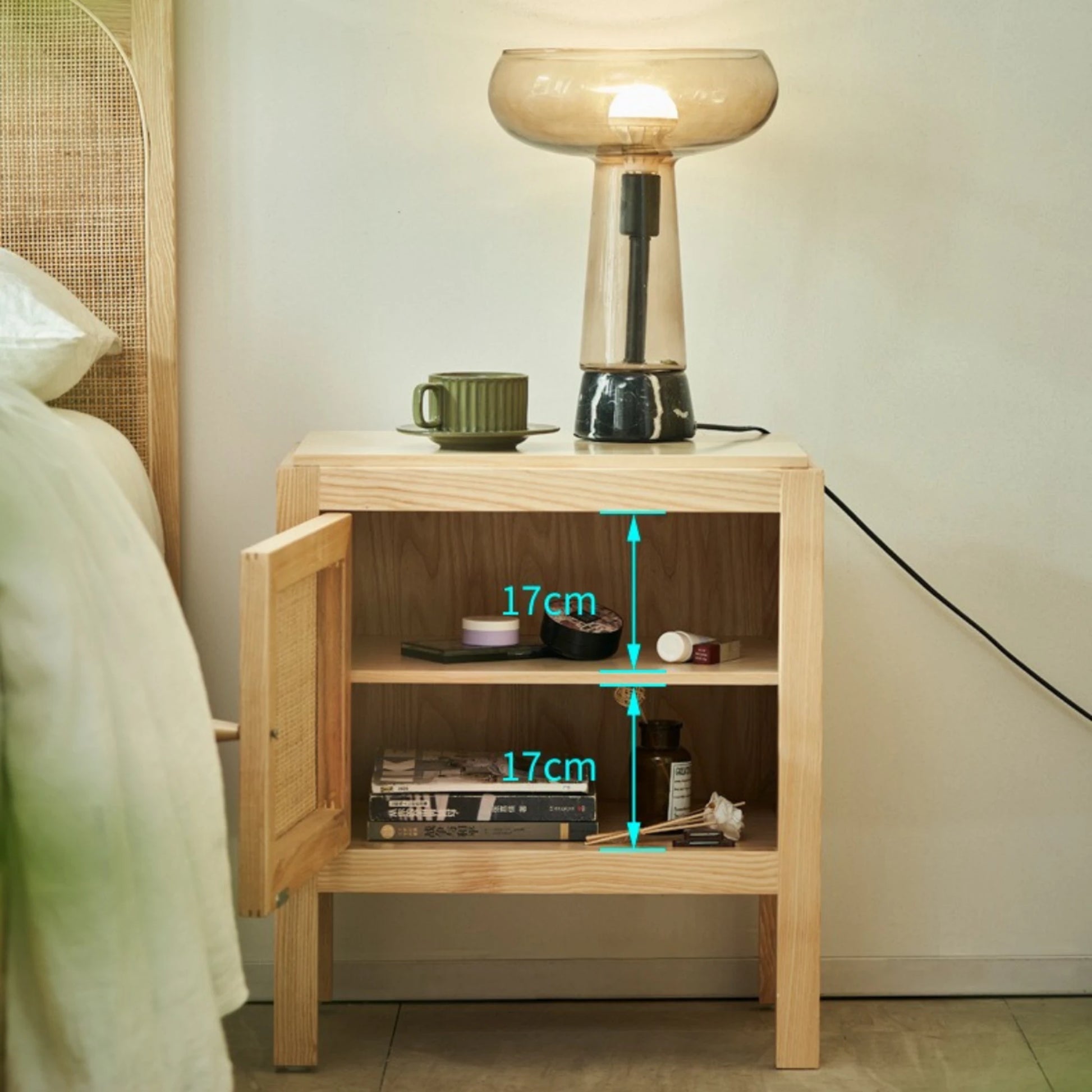BohoBoho Costa Solid Wood & Rattan Bedside Table, Natural Wood, 50x45x57cm