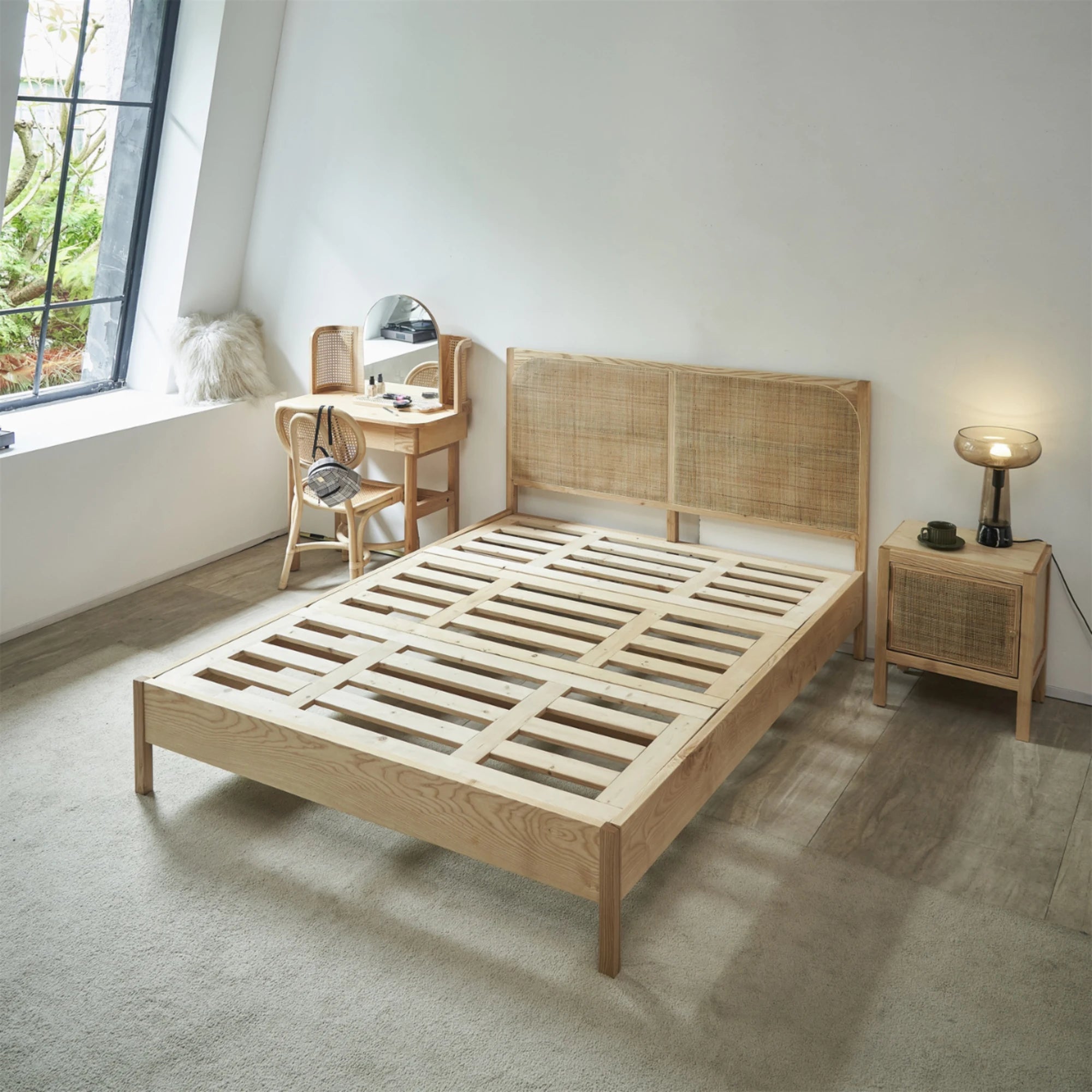 Bohoboho Costa Solid Wood & Rattan Bed Frame, Natural Wood