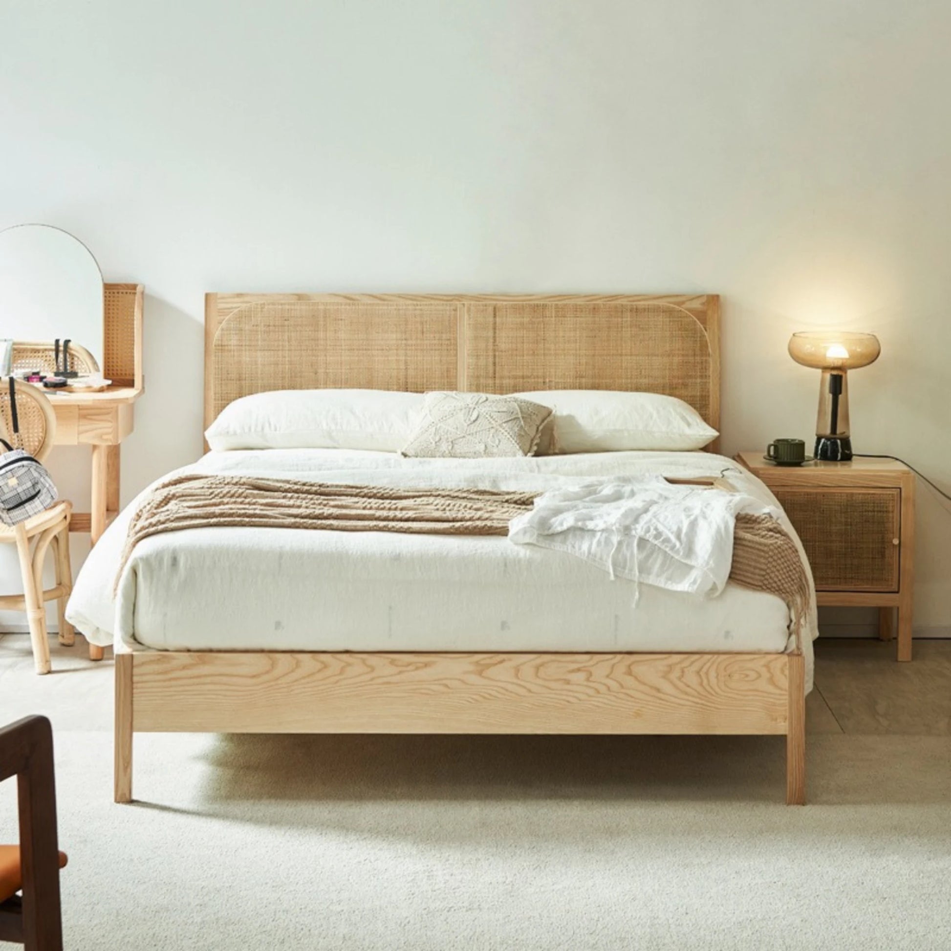 Bohoboho Costa Solid Wood & Rattan Bed Frame, Natural Wood