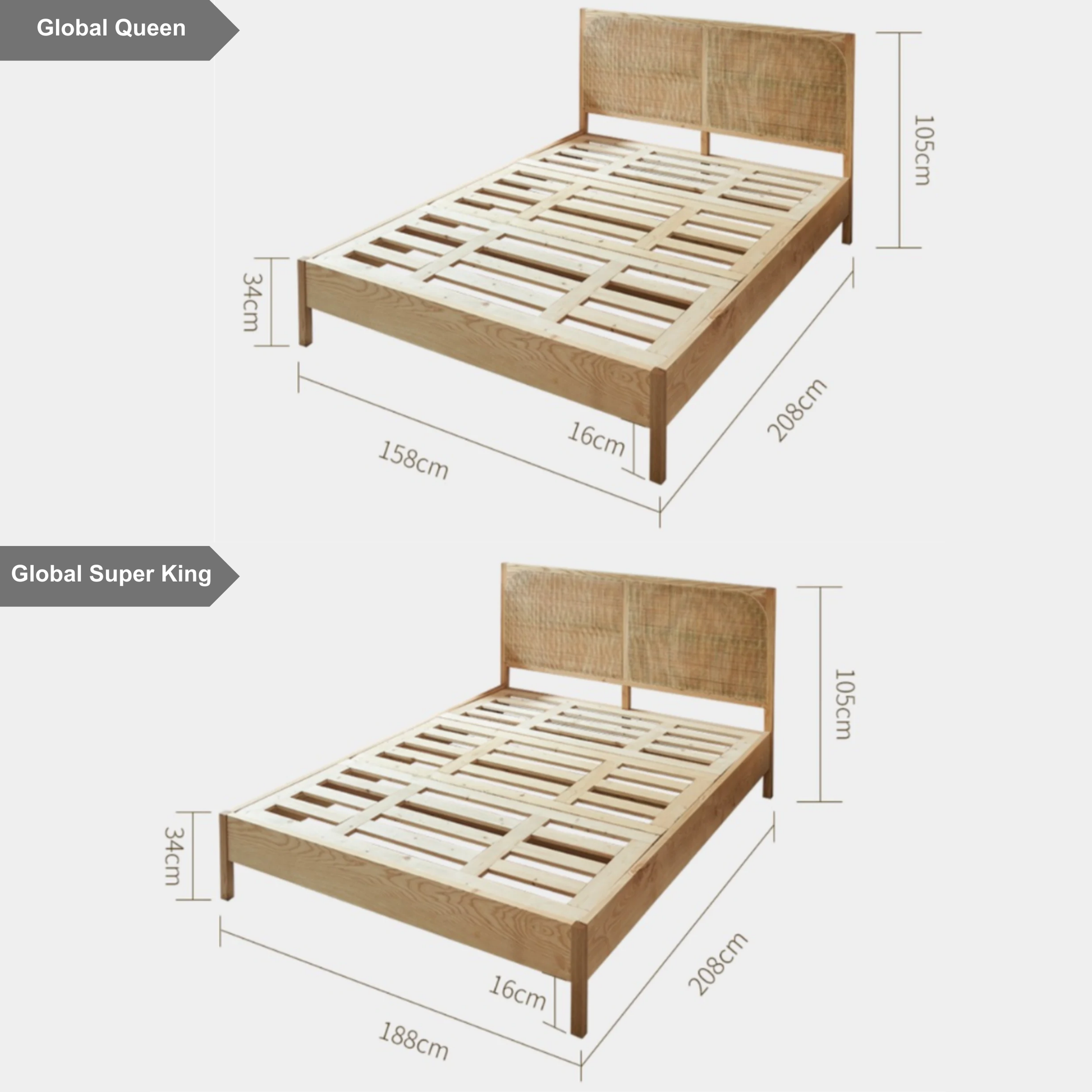 Bohoboho Costa Solid Wood & Rattan Bed Frame, Natural Wood