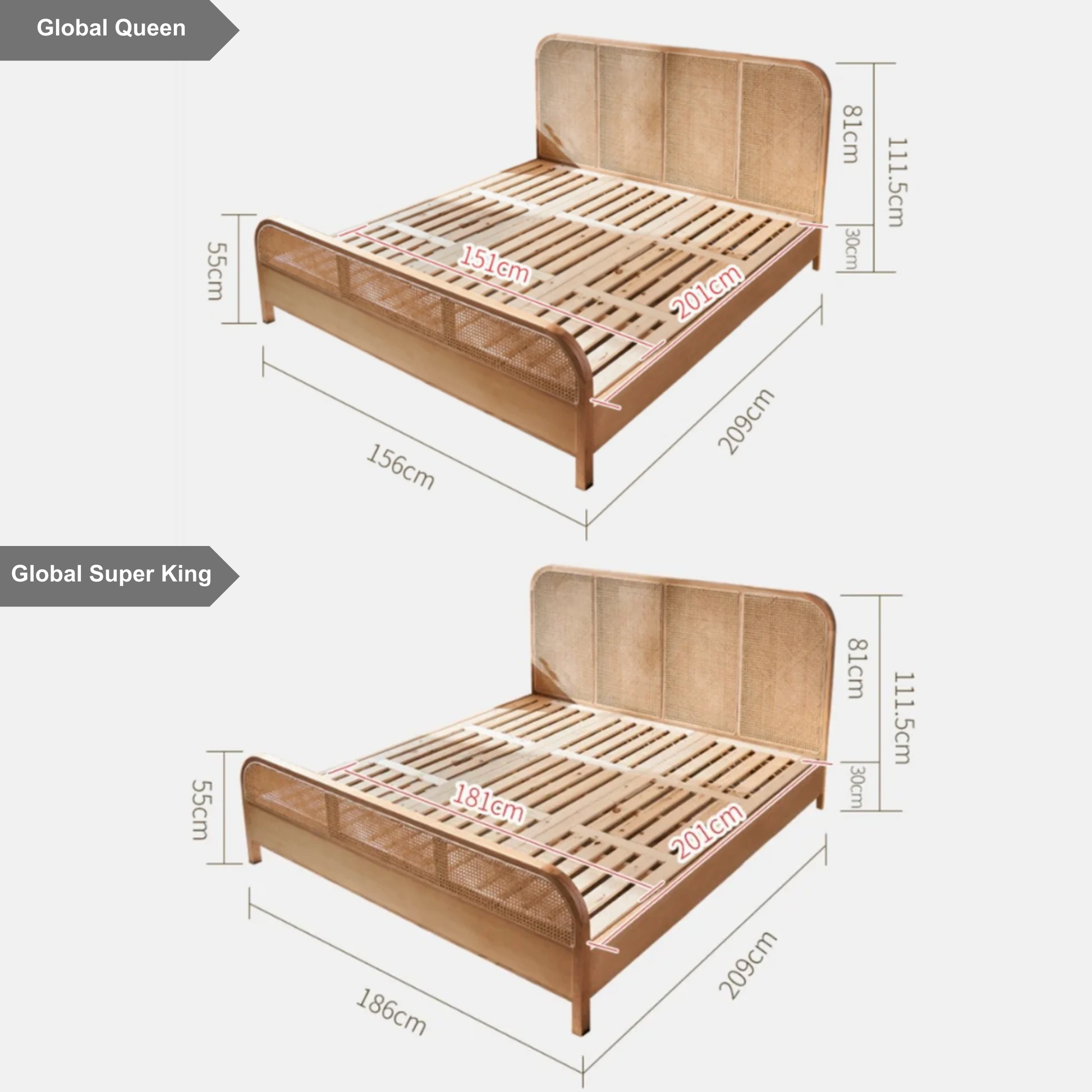 Bohoboho Nessa Solid Wood & Rattan Bed Frame, Natural Wood