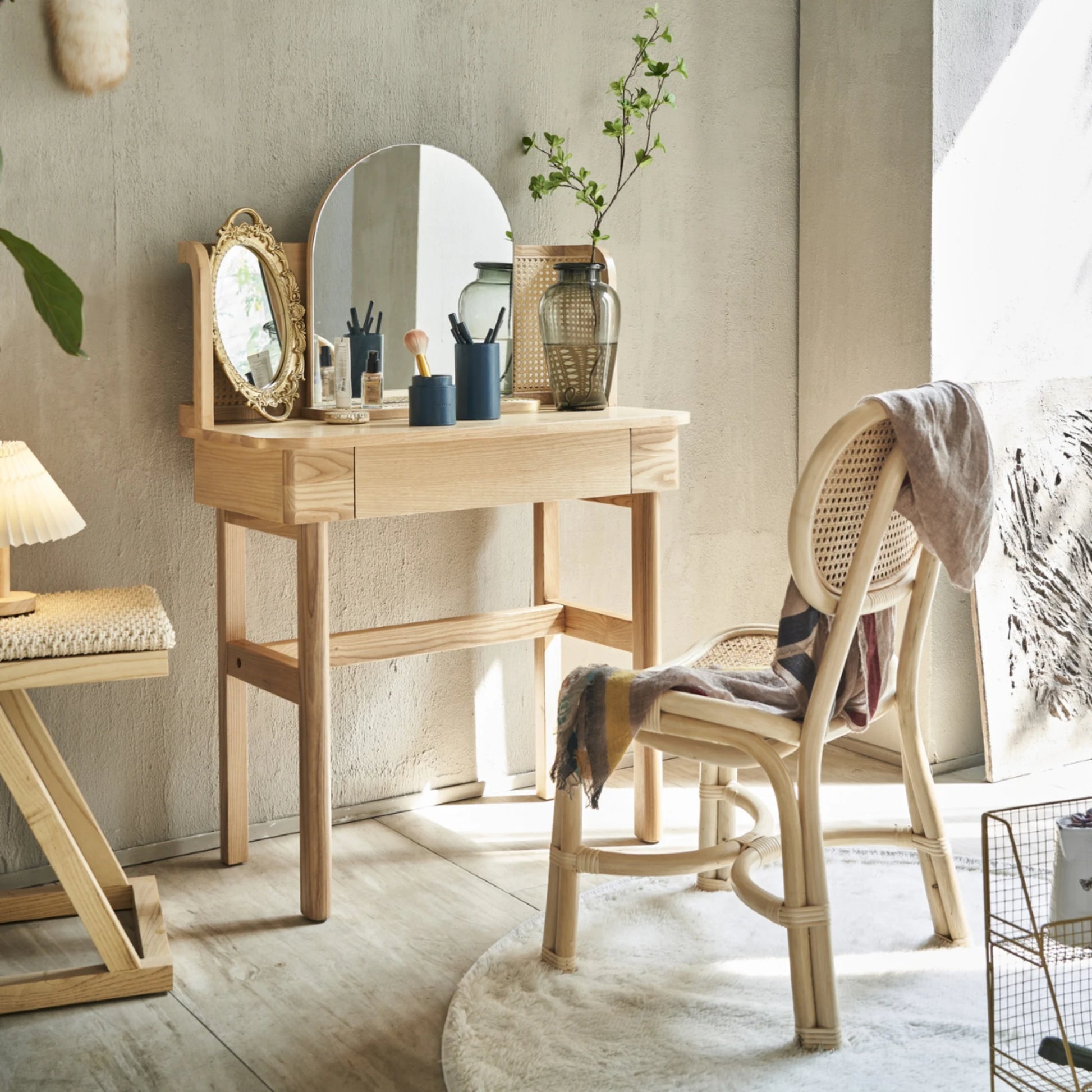 BohoBoho Costa Solid Wood & Rattan Dressing table, Natural Wood, 85x45x107.7cm