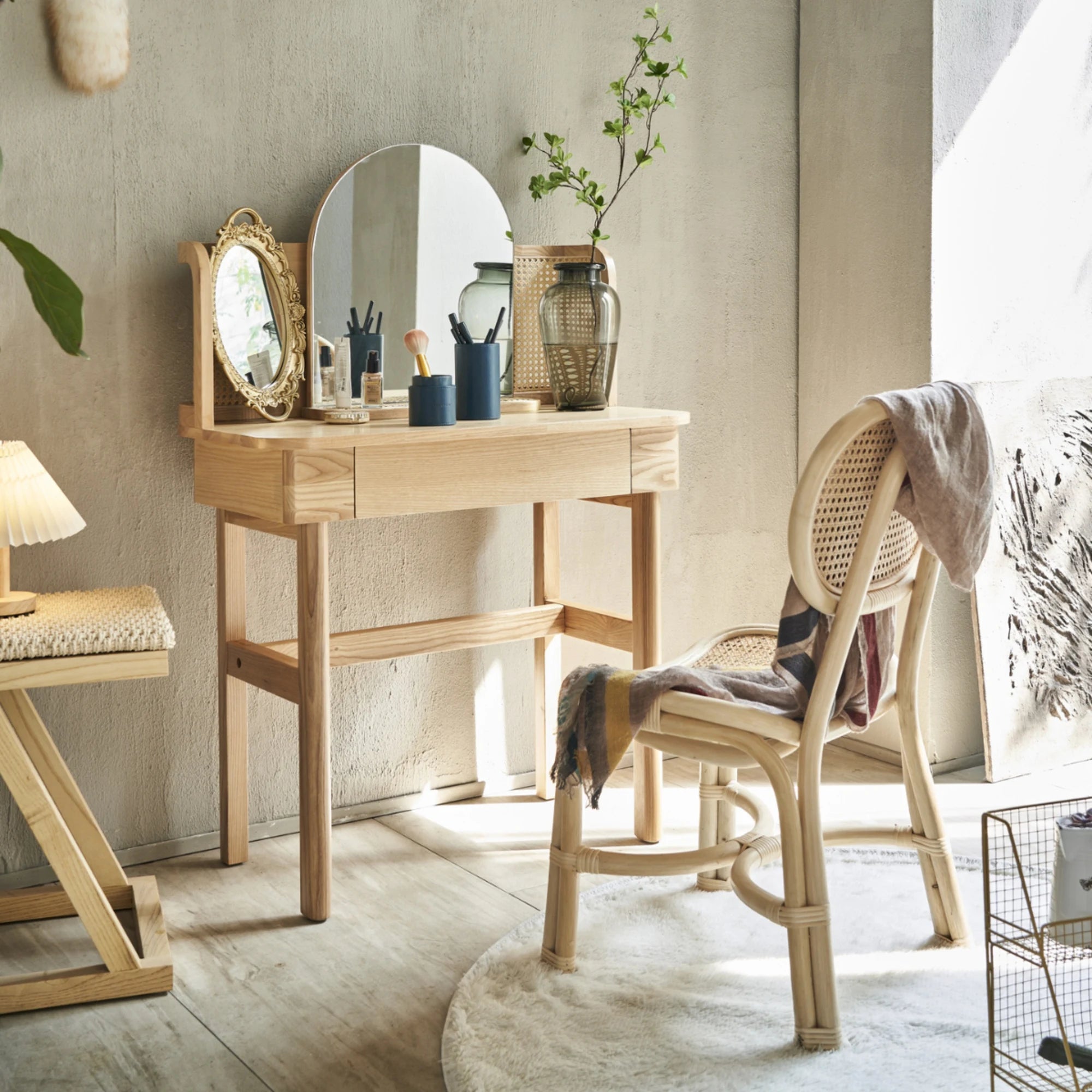 BohoBoho Costa Solid Wood & Rattan Dressing table, Natural Wood, 85x45x107.7cm