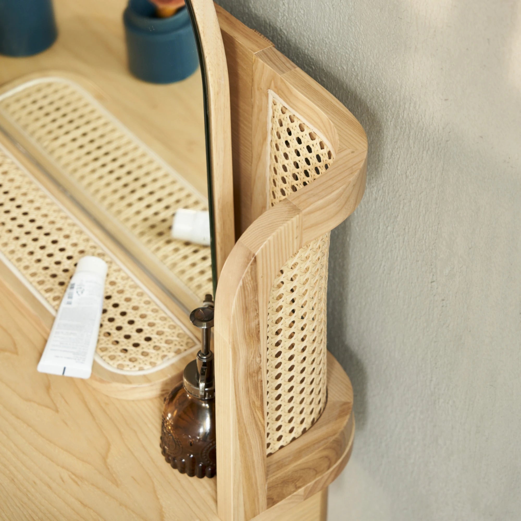 BohoBoho Costa Solid Wood & Rattan Dressing table, Natural Wood, 85x45x107.7cm
