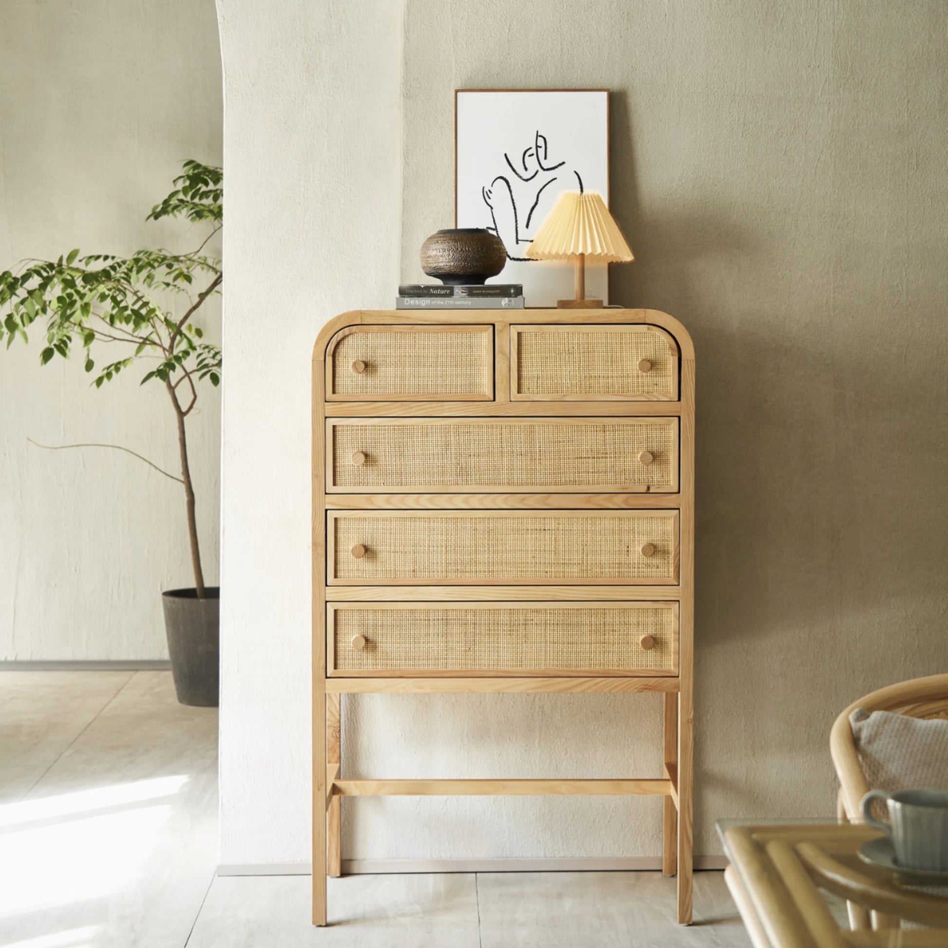 BohoBoho Costa Solid Wood & Rattan Chest of 5 Drawers, Natural Wood, 80x42x129cm