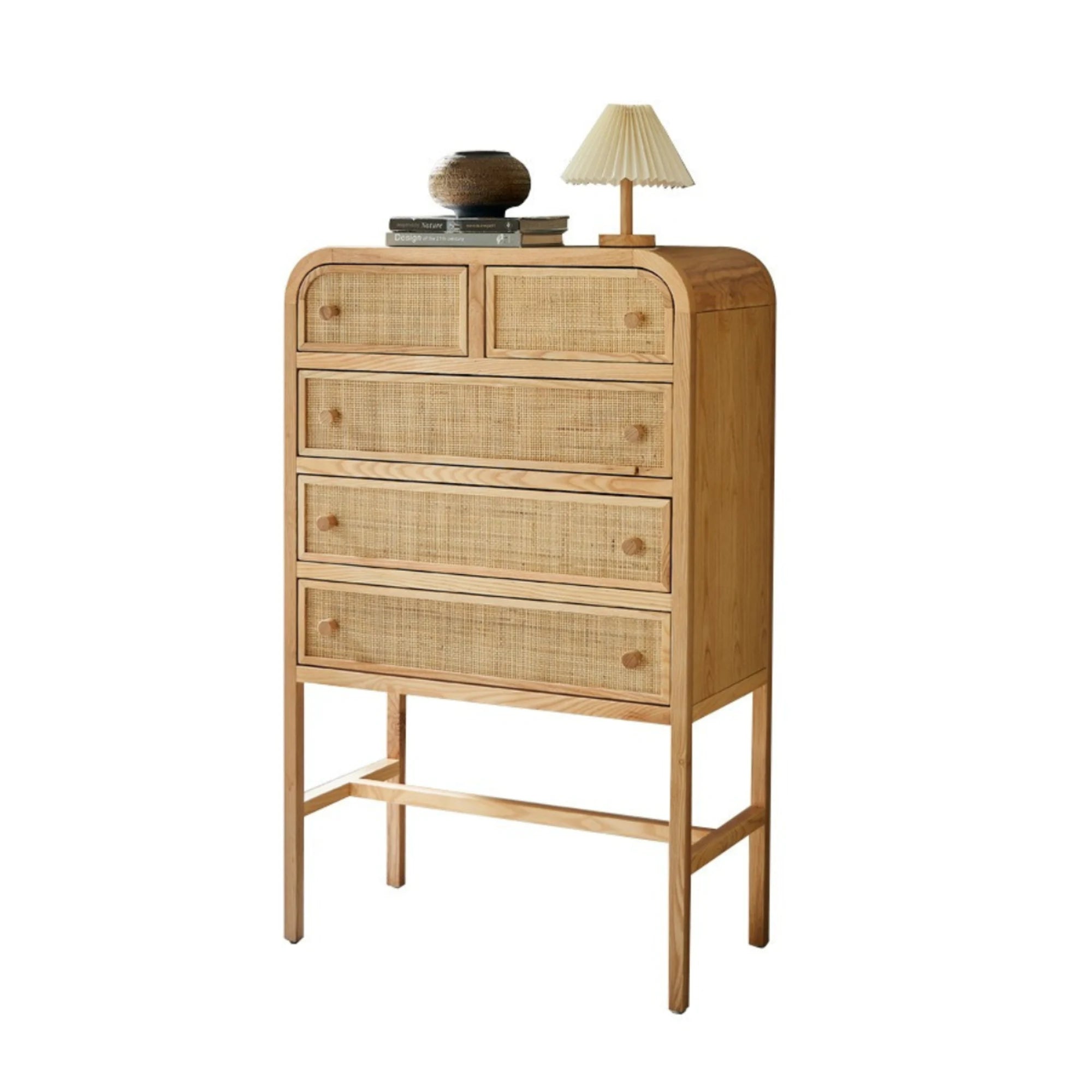 BohoBoho Costa Solid Wood & Rattan Chest of 5 Drawers, Natural Wood, 80x42x129cm