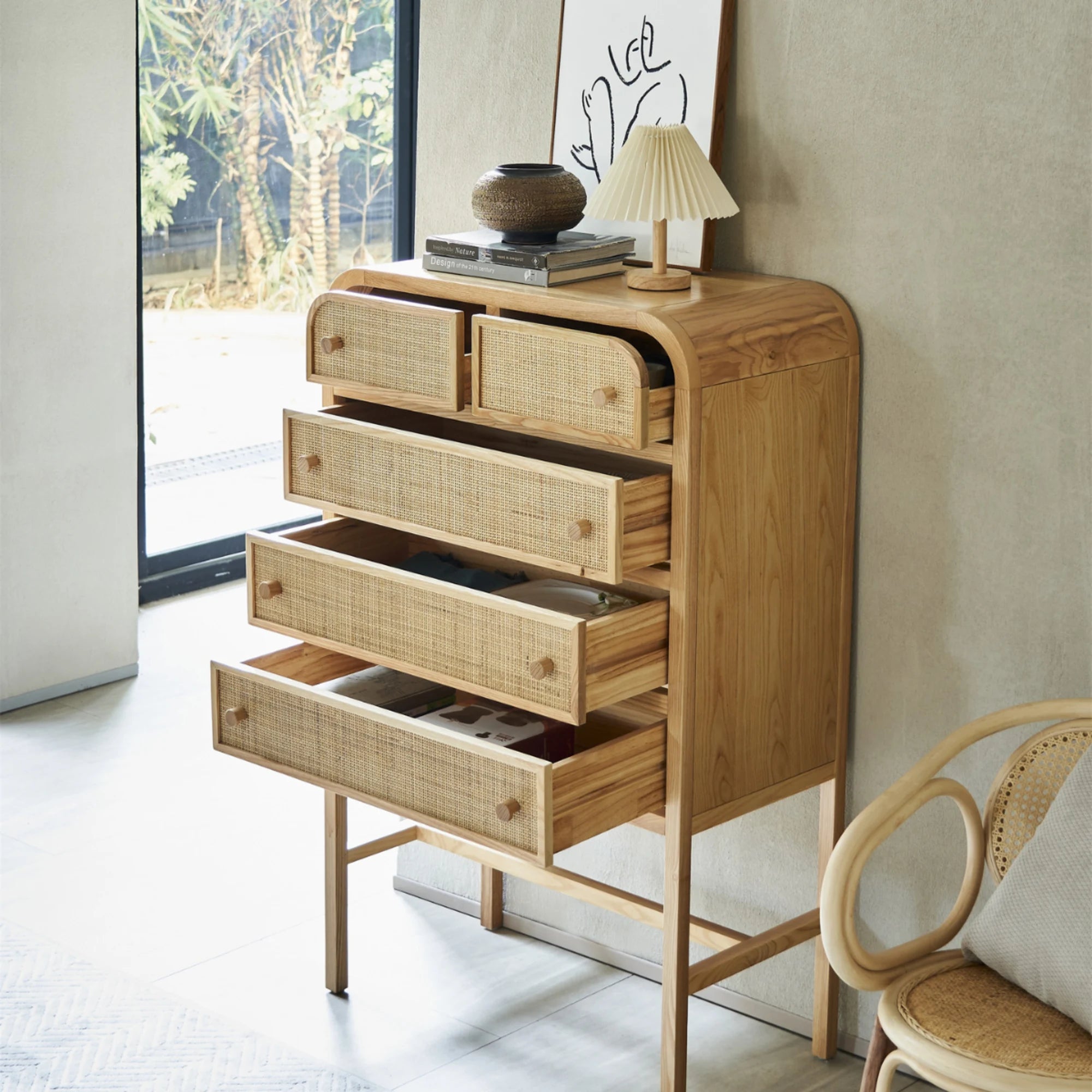 BohoBoho Costa Solid Wood & Rattan Chest of 5 Drawers, Natural Wood, 80x42x129cm