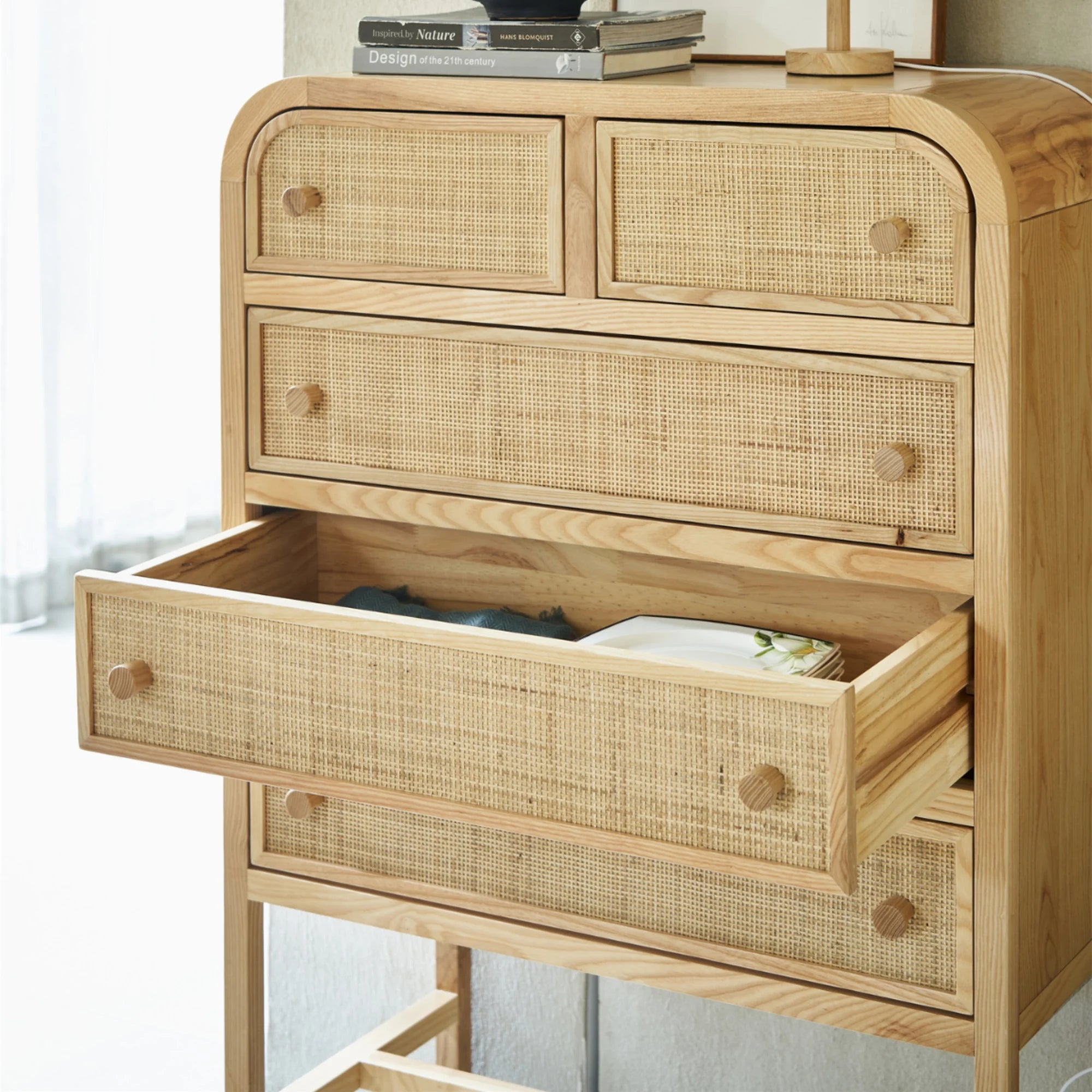 BohoBoho Costa Solid Wood & Rattan Chest of 5 Drawers, Natural Wood, 80x42x129cm