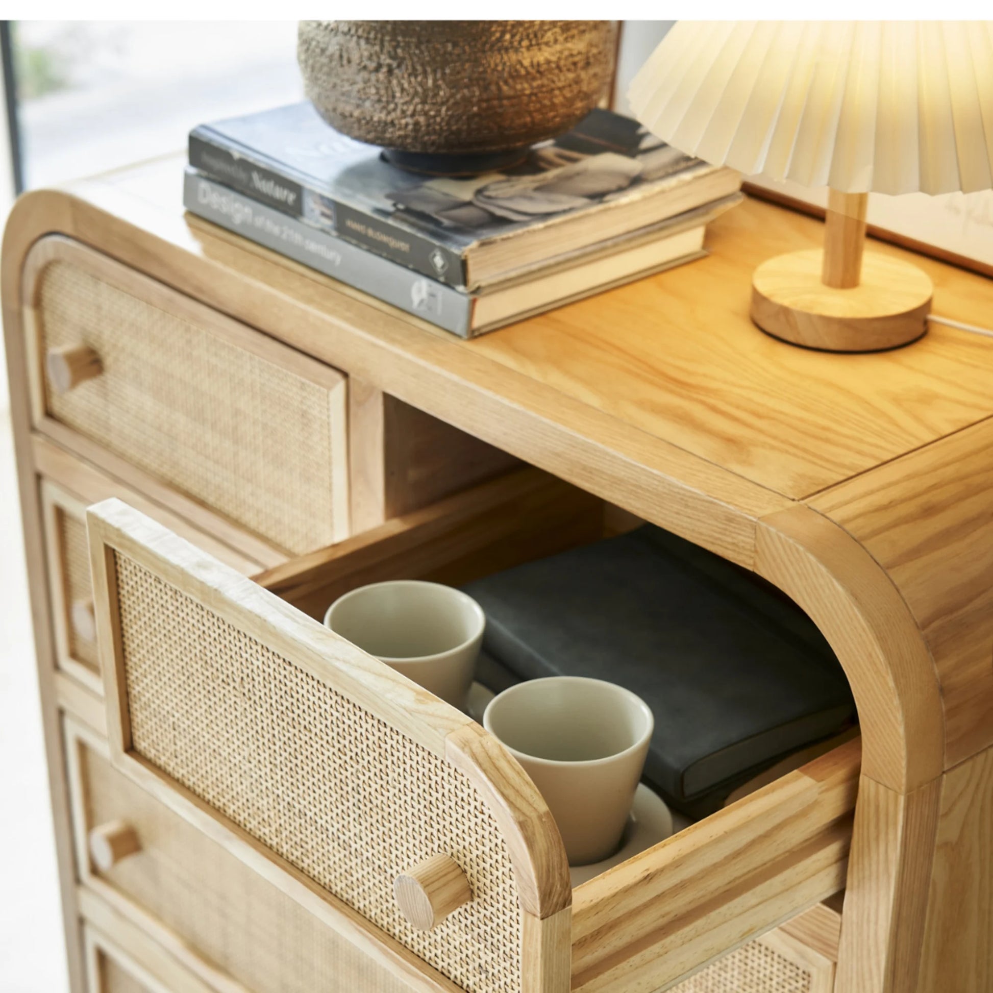 BohoBoho Costa Solid Wood & Rattan Chest of 5 Drawers, Natural Wood, 80x42x129cm