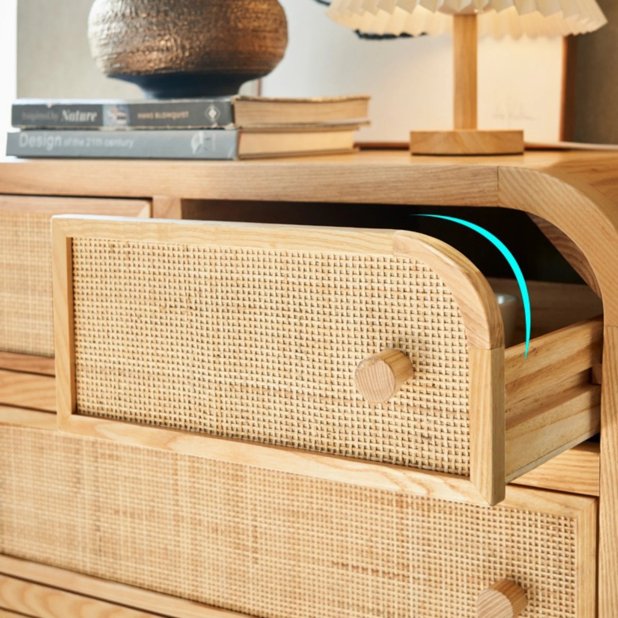 BohoBoho Costa Solid Wood & Rattan Chest of 5 Drawers, Natural Wood, 80x42x129cm