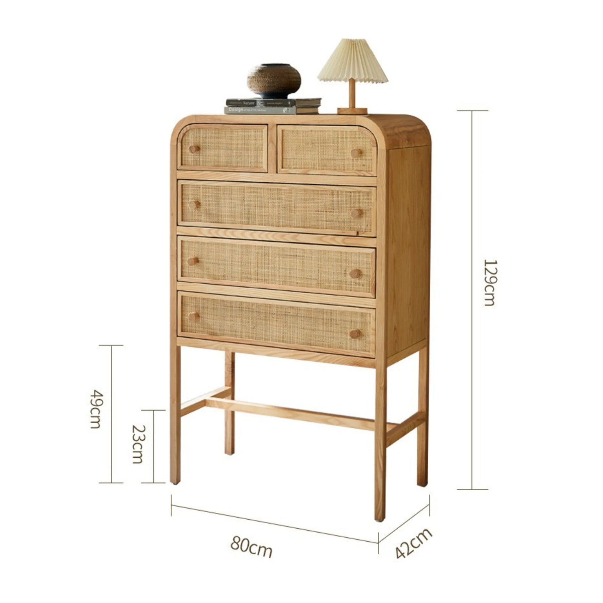 BohoBoho Costa Solid Wood & Rattan Chest of 5 Drawers, Natural Wood, 80x42x129cm