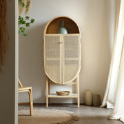 BohoBoho Costa Solid Wood & Rattan Oval Cabinet, Natural Wood, 65x35x161cm