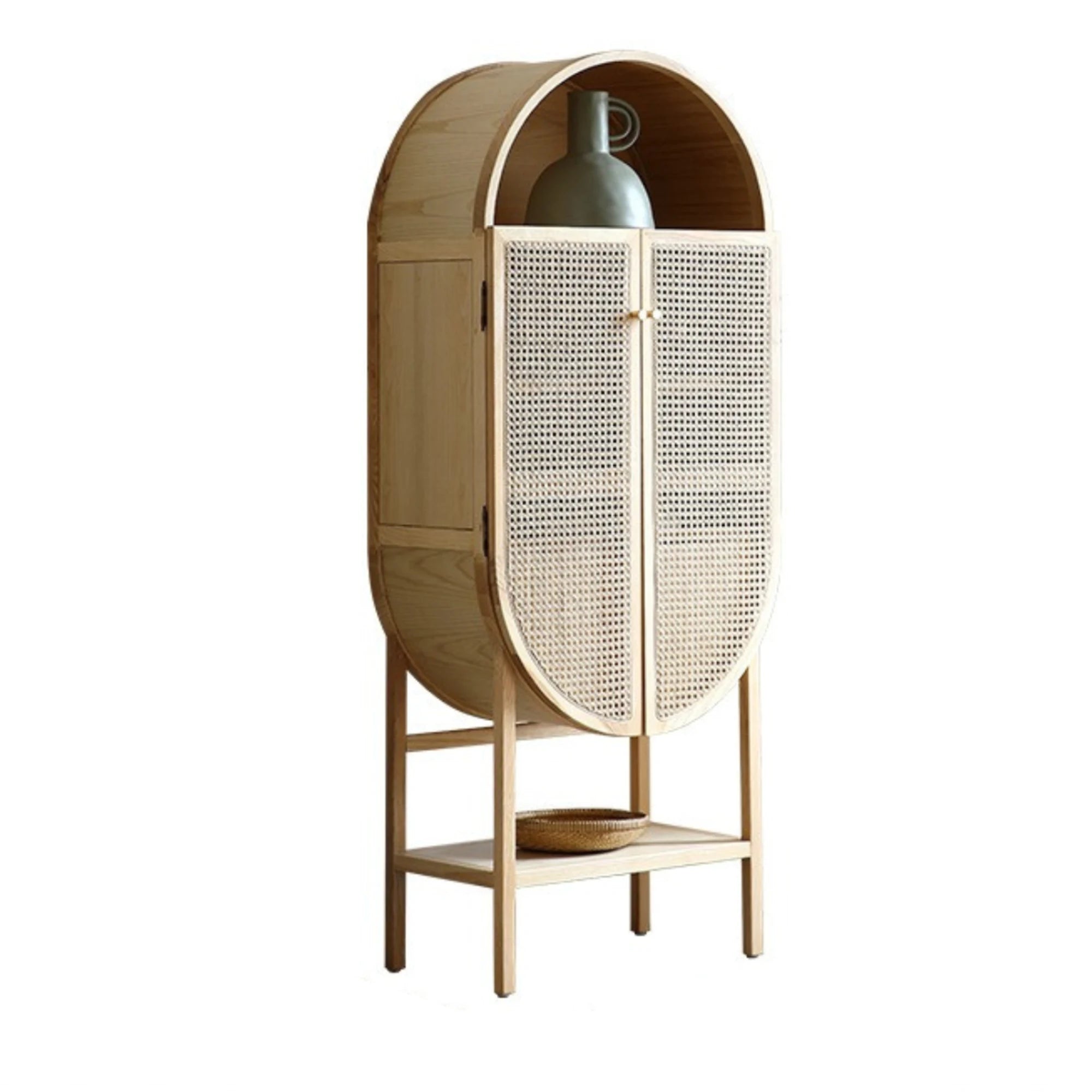 BohoBoho Costa Solid Wood & Rattan Oval Cabinet, Natural Wood, 65x35x161cm